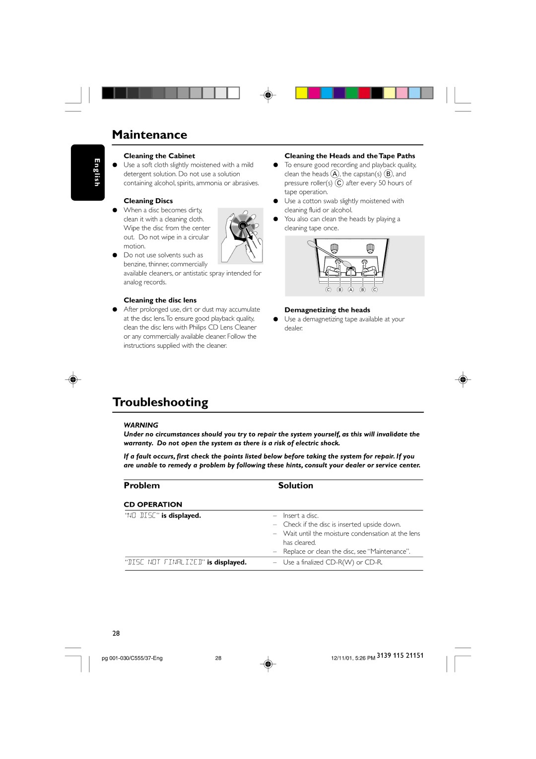 NAD FWC555 warranty Maintenance, Troubleshooting, Problem Solution, CD Operation 