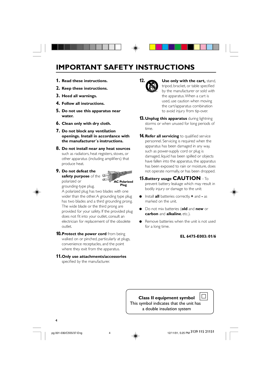 NAD FWC555 warranty Important Safety Instructions, Class II equipment symbol 