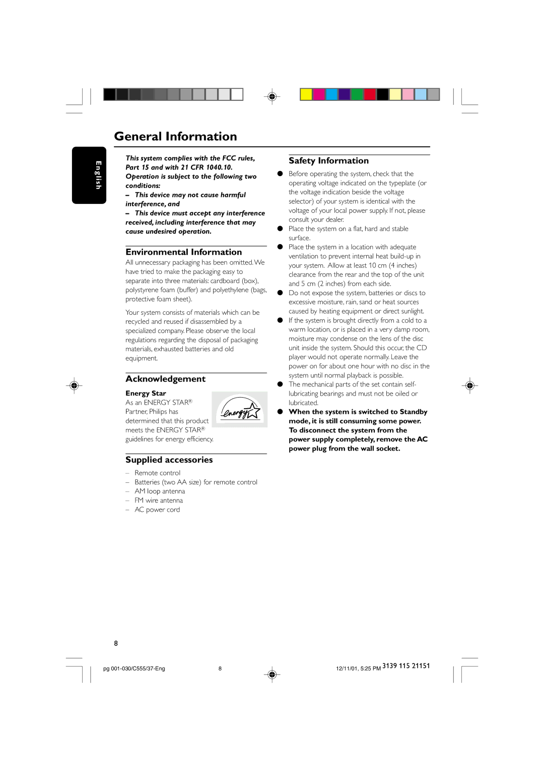 NAD FWC555 General Information, Environmental Information, Acknowledgement, Supplied accessories, Safety Information 