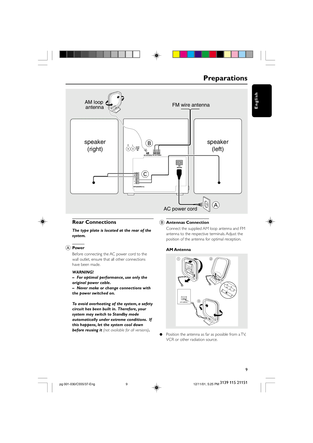 NAD FWC555 warranty Preparations, Rear Connections, Antennas Connection, Power, AM Antenna 