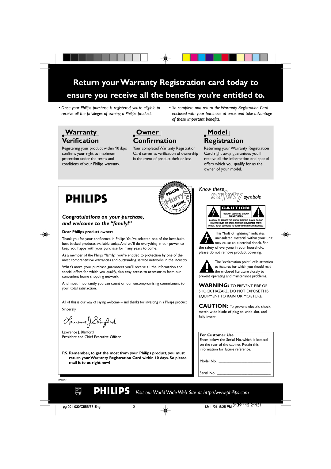 NAD FWC555 Warranty Verification, Owner Confirmation, Model Registration, Return your Warranty Registration card today to 