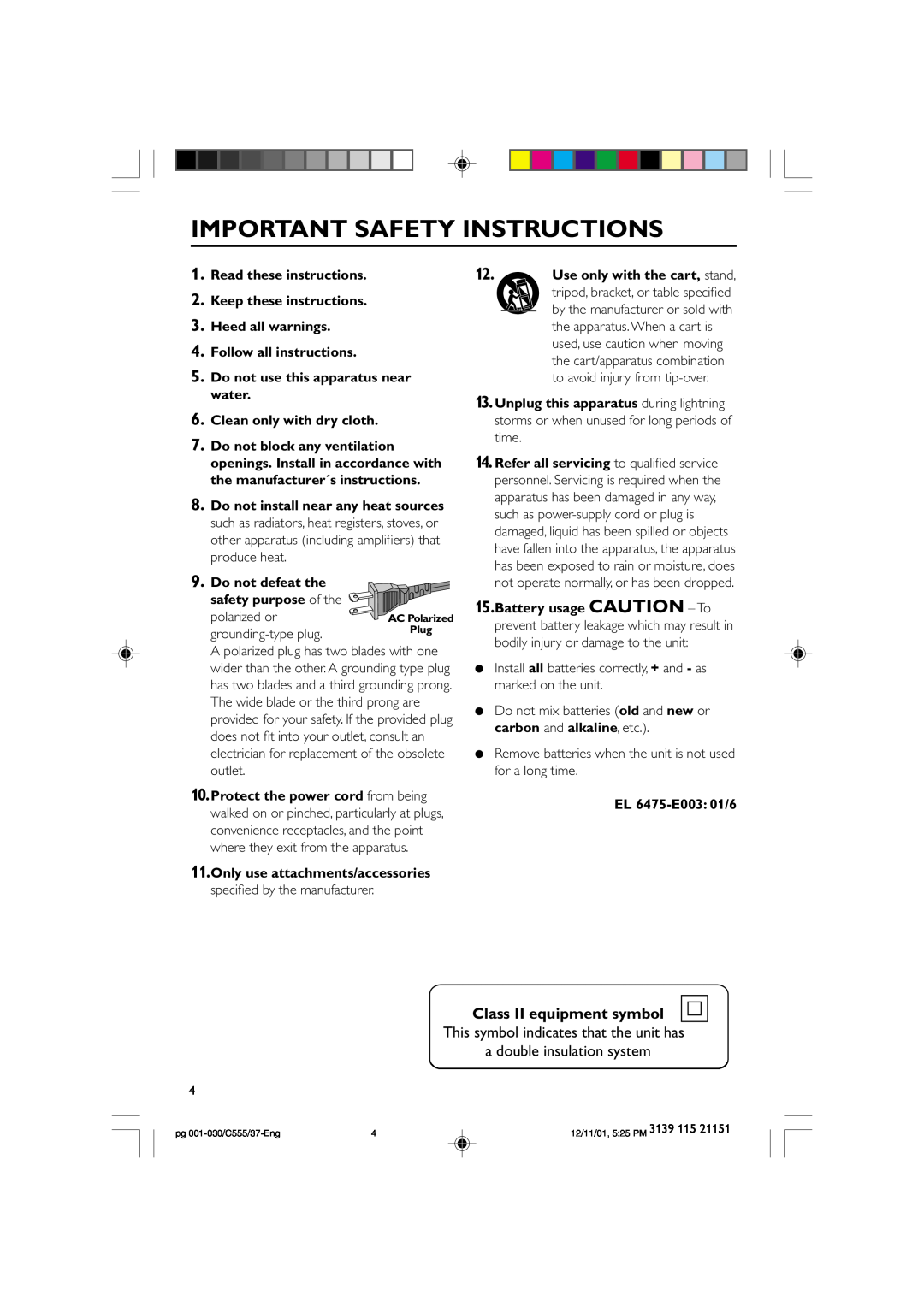 NAD FWC555 warranty Class II equipment symbol, Important Safety Instructions 