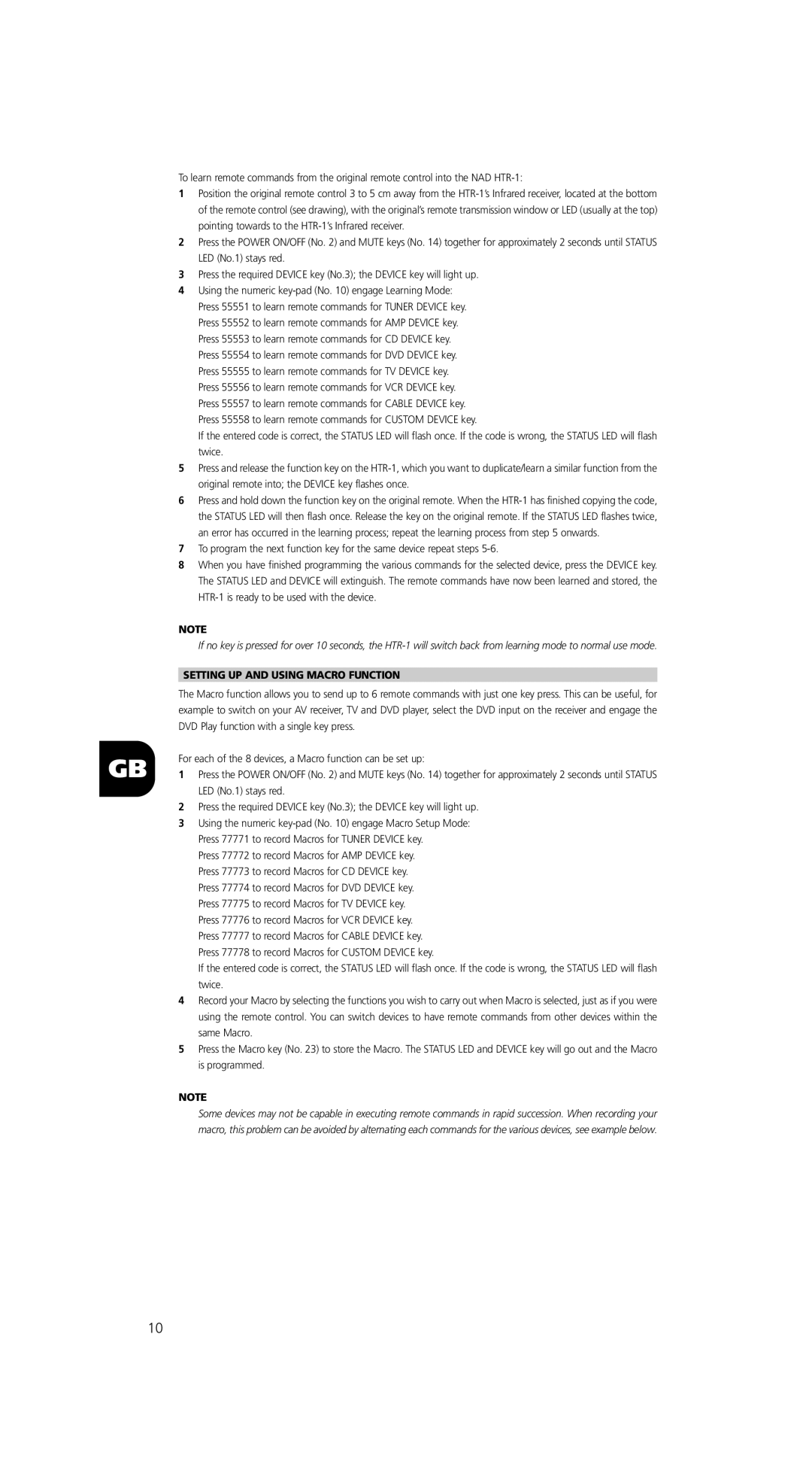 NAD HTR-1 owner manual Setting UP and Using Macro Function 