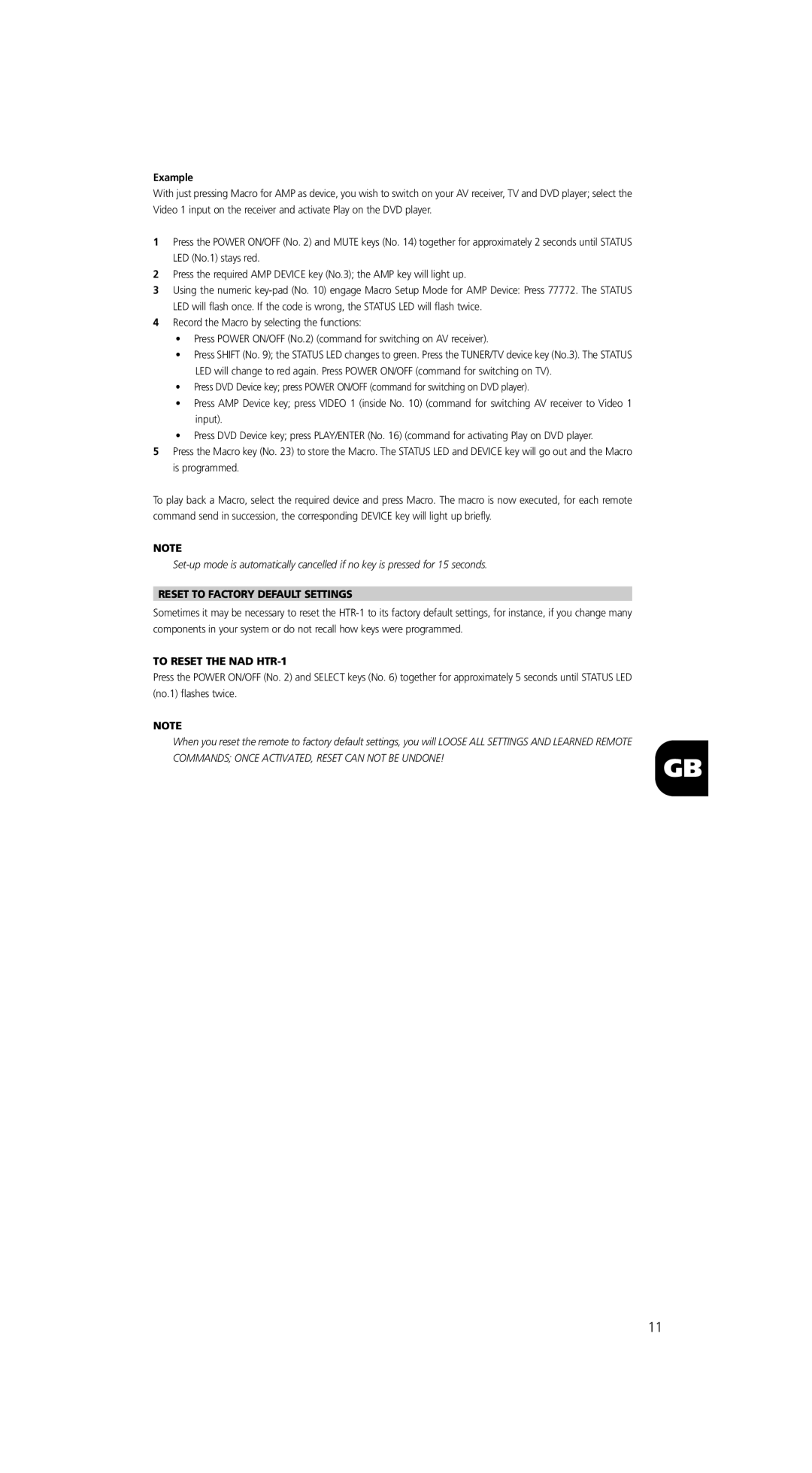 NAD owner manual Reset to Factory Default Settings, To Reset the NAD HTR-1 