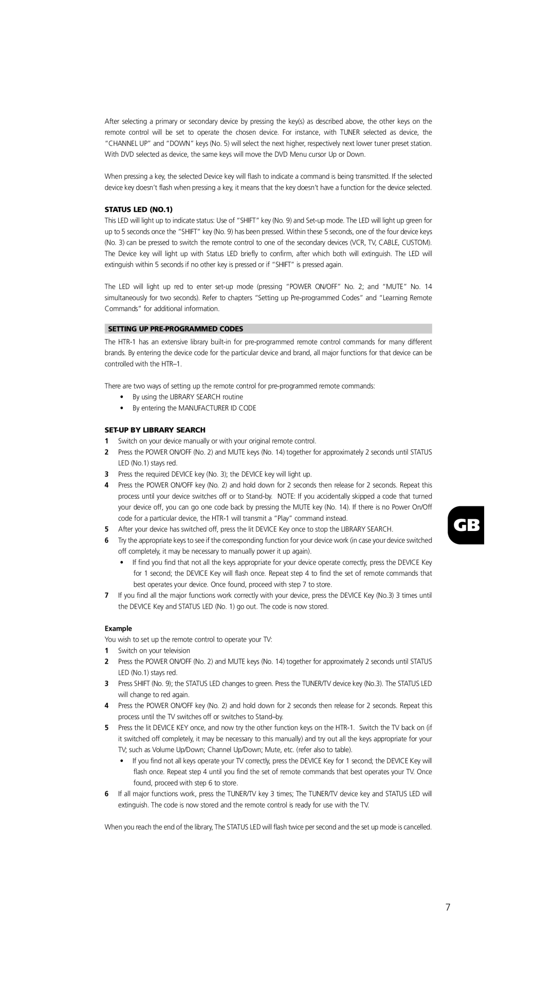 NAD HTR-1 owner manual Status LED NO.1, Setting UP PRE-PROGRAMMED Codes, SET-UP by Library Search, Example 