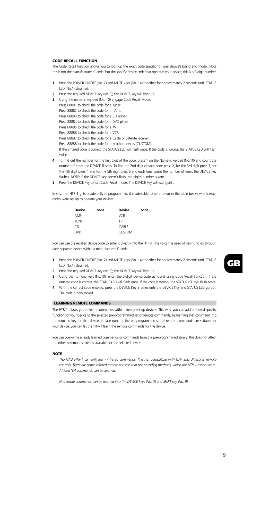 NAD HTR-1 owner manual Code Recall Function, Device Code, Learning Remote Commands 