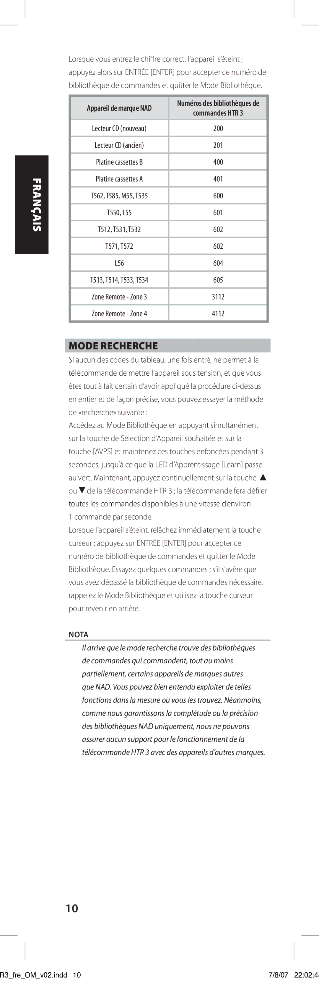 NAD HTR-3 owner manual Mode Recherche, Commande par seconde, Commandes HTR 