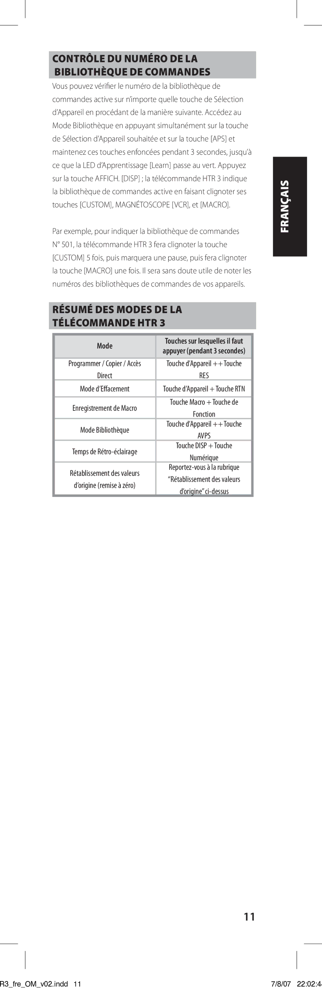 NAD HTR-3 owner manual Contrôle du Numéro de la Bibliothèque de Commandes, Résumé des modes de la télécommande HTR 