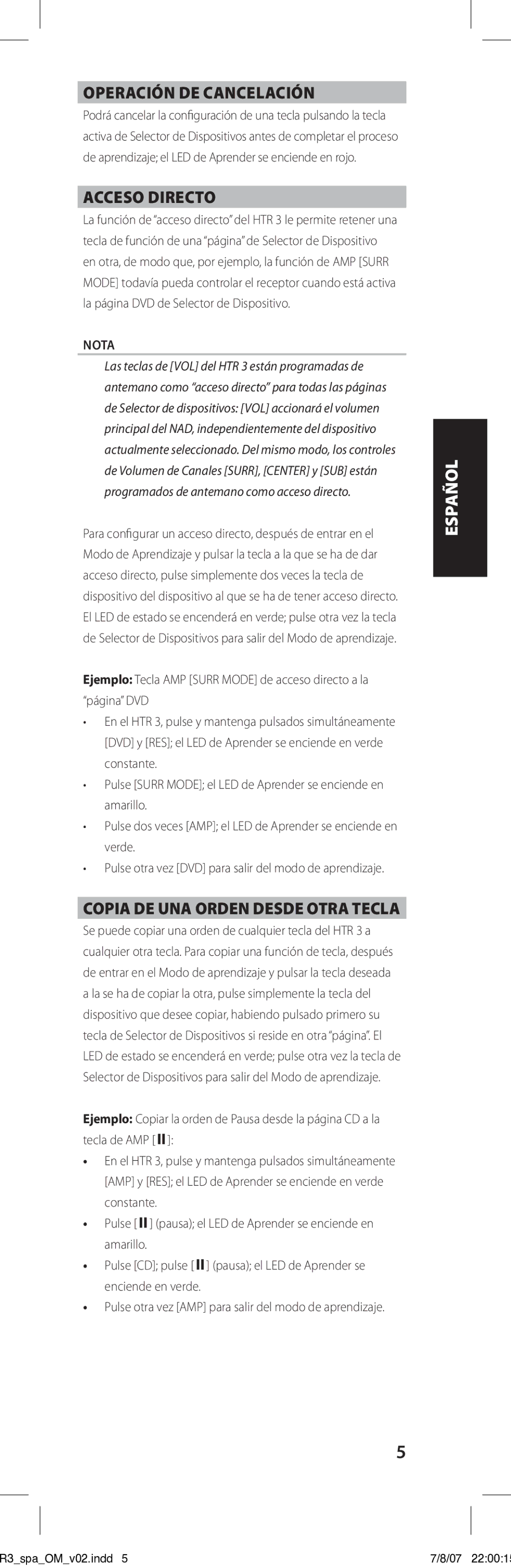 NAD HTR-3 owner manual Operación de cancelación, Acceso directo, Copia de una orden desde otra tecla 