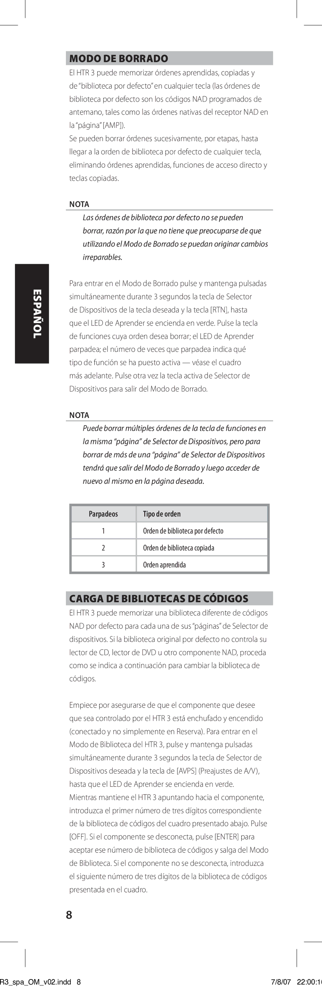 NAD HTR-3 owner manual Modo de borrado, Carga de bibliotecas de códigos, Parpadeos, Tipo de orden 