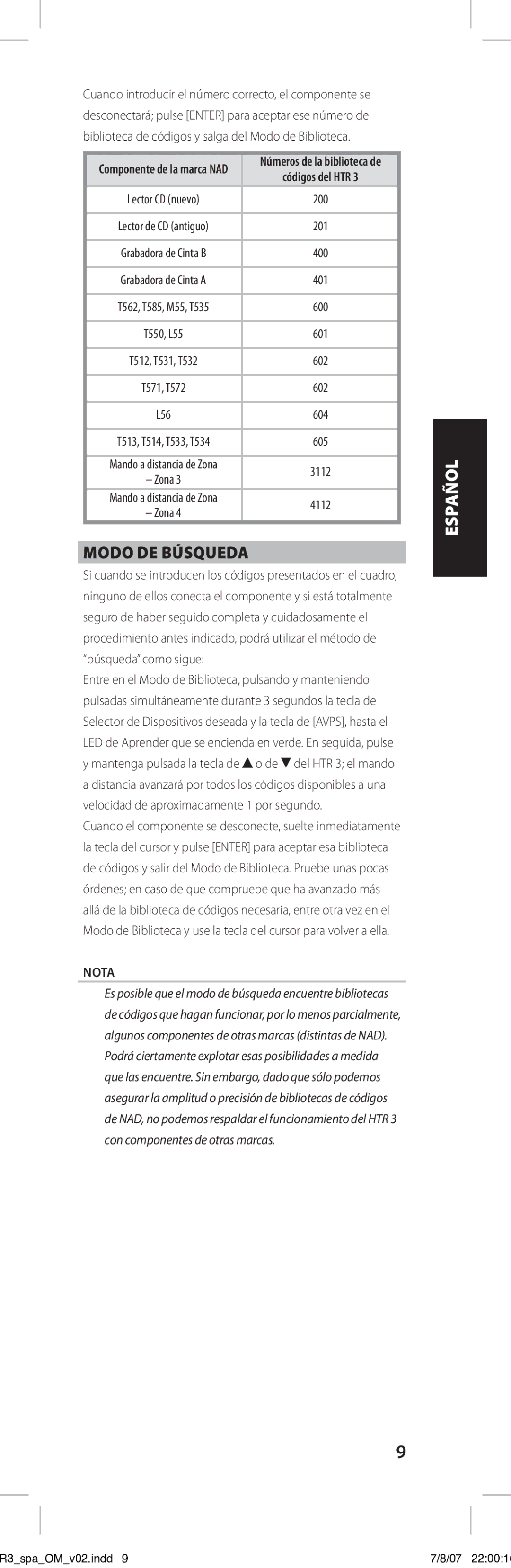 NAD HTR-3 owner manual Modo de búsqueda, Componente de la marca NAD Números de la biblioteca de 