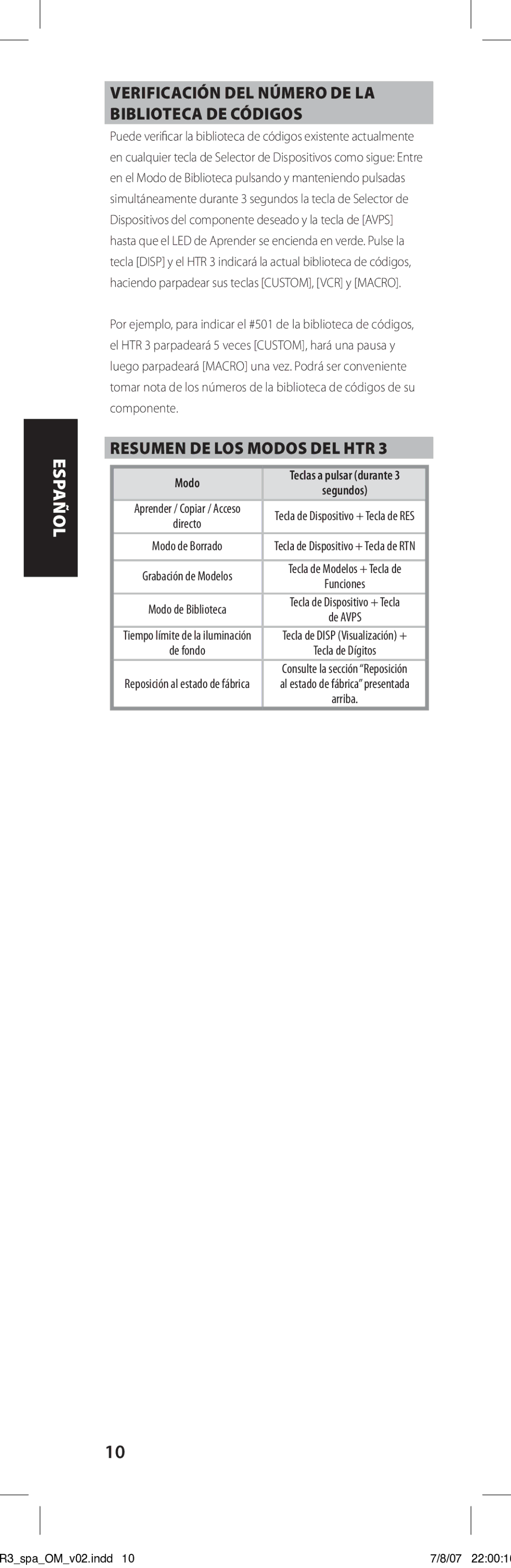 NAD HTR-3 Verificación del número de la biblioteca de códigos, Resumen de los modos del HTR, Teclas a pulsar durante 