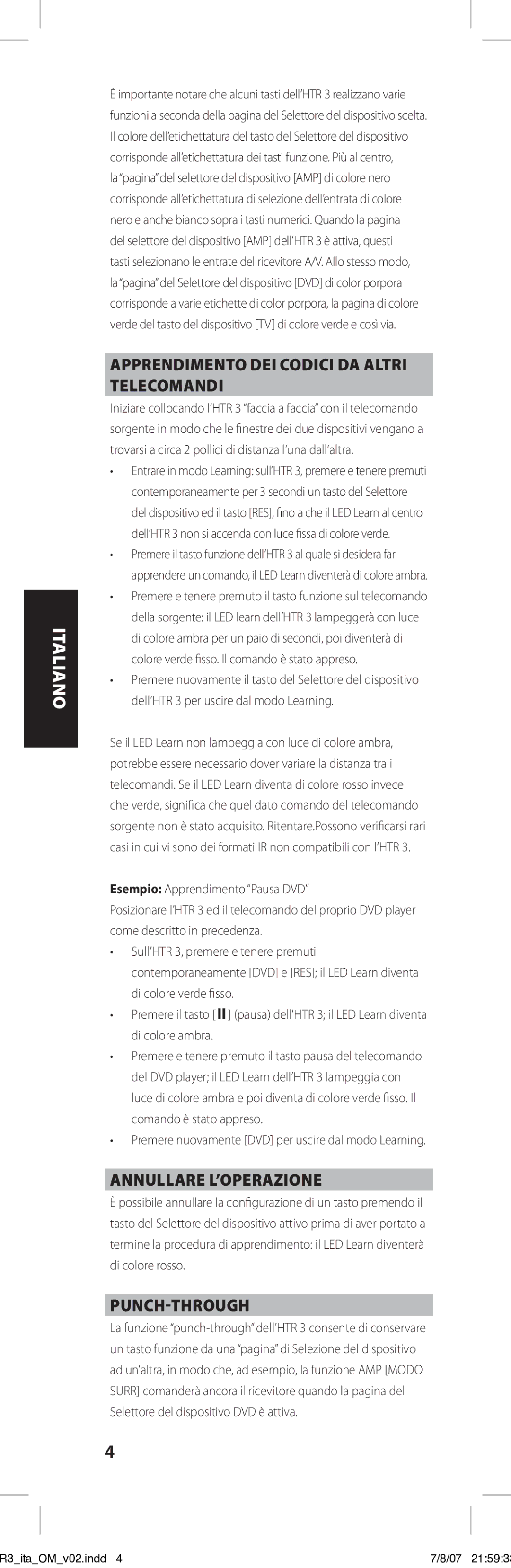 NAD HTR-3 owner manual Apprendimento dei codici da altri telecomandi, Annullare l’operazione, Punch-Through 