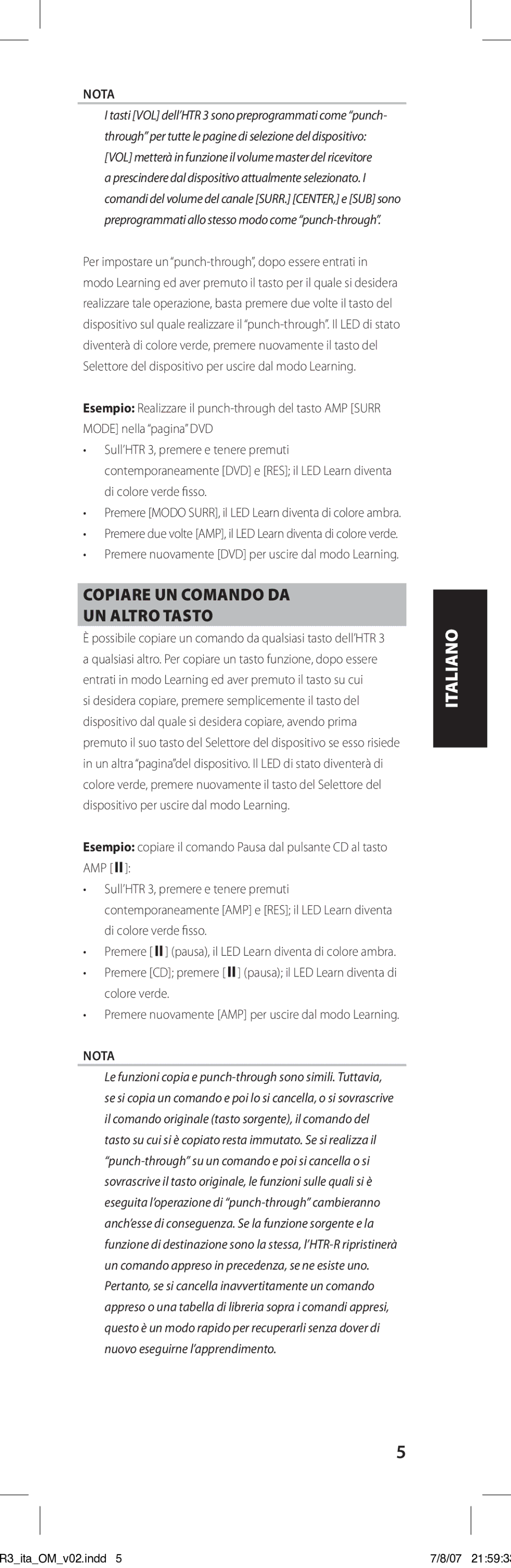 NAD HTR-3 owner manual Copiare un comando da un altro tasto, Nota 