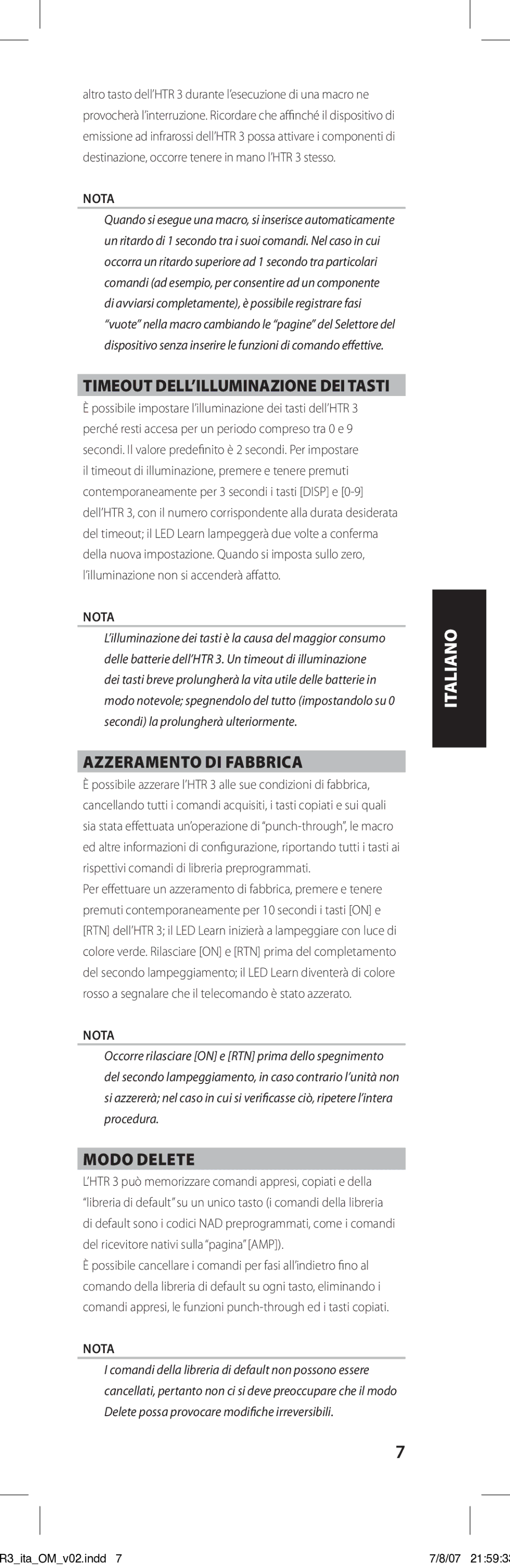 NAD HTR-3 owner manual Timeout dell’illuminazione dei tasti, Azzeramento di fabbrica, Modo Delete 