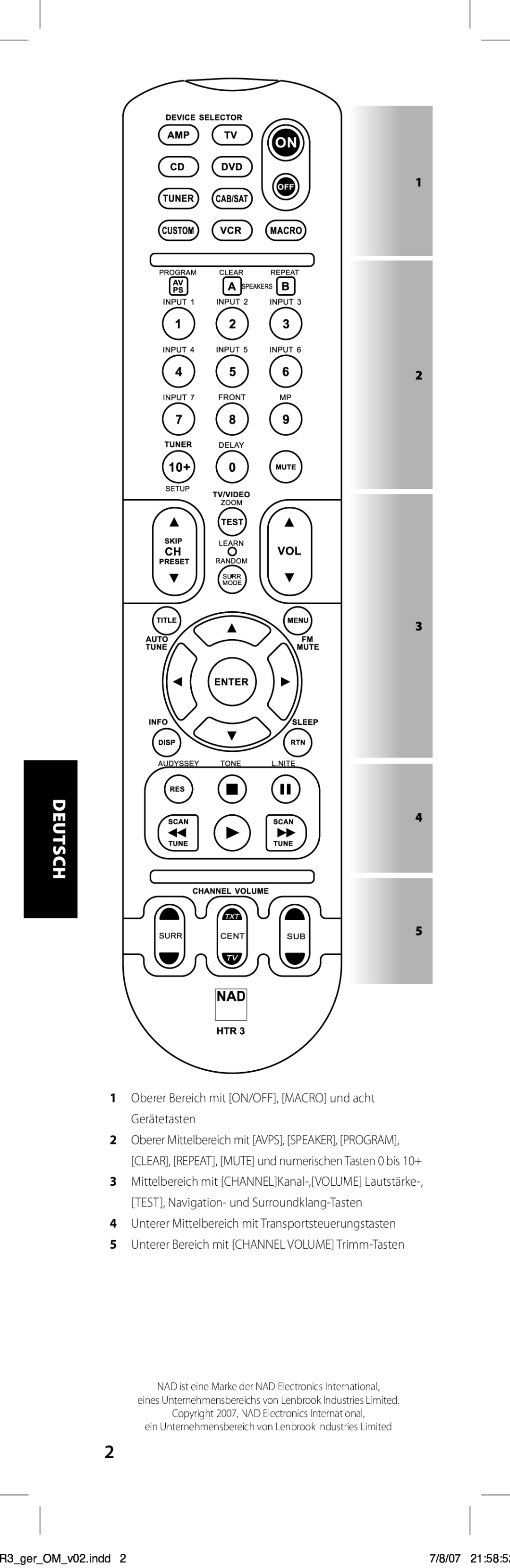 NAD HTR-3 owner manual Oberer Bereich mit ON/OFF, Macro und acht Gerätetasten 