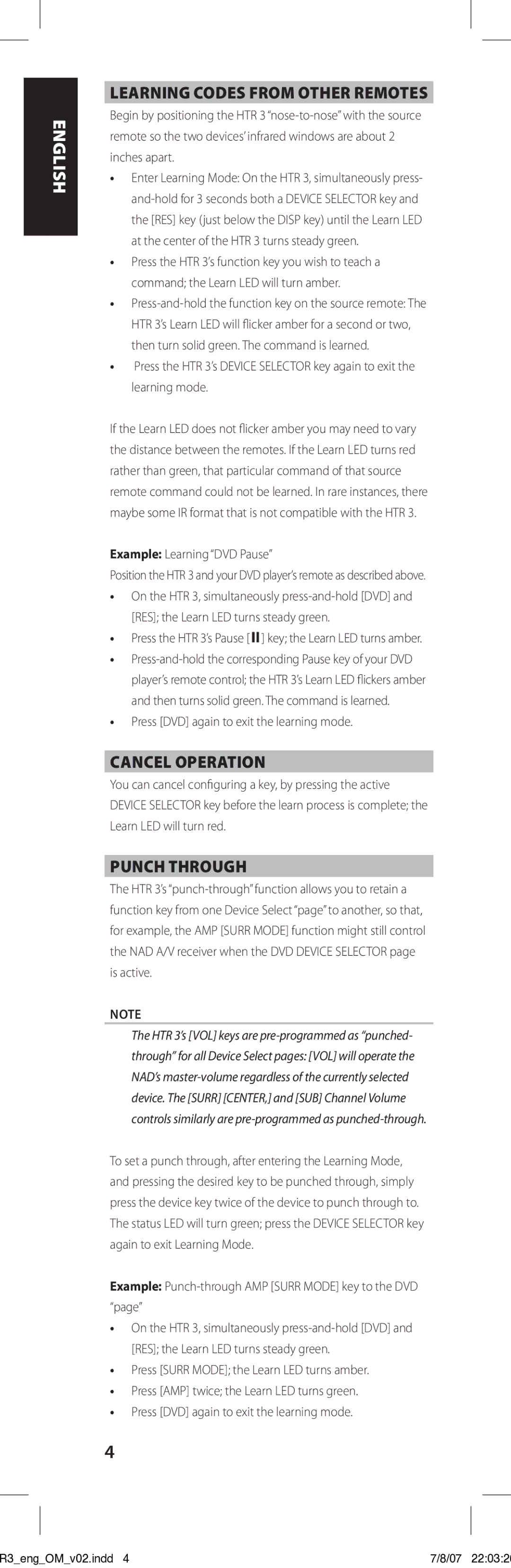 NAD HTR-3 owner manual Learning Codes from Other Remotes, Cancel Operation, Punch Through 