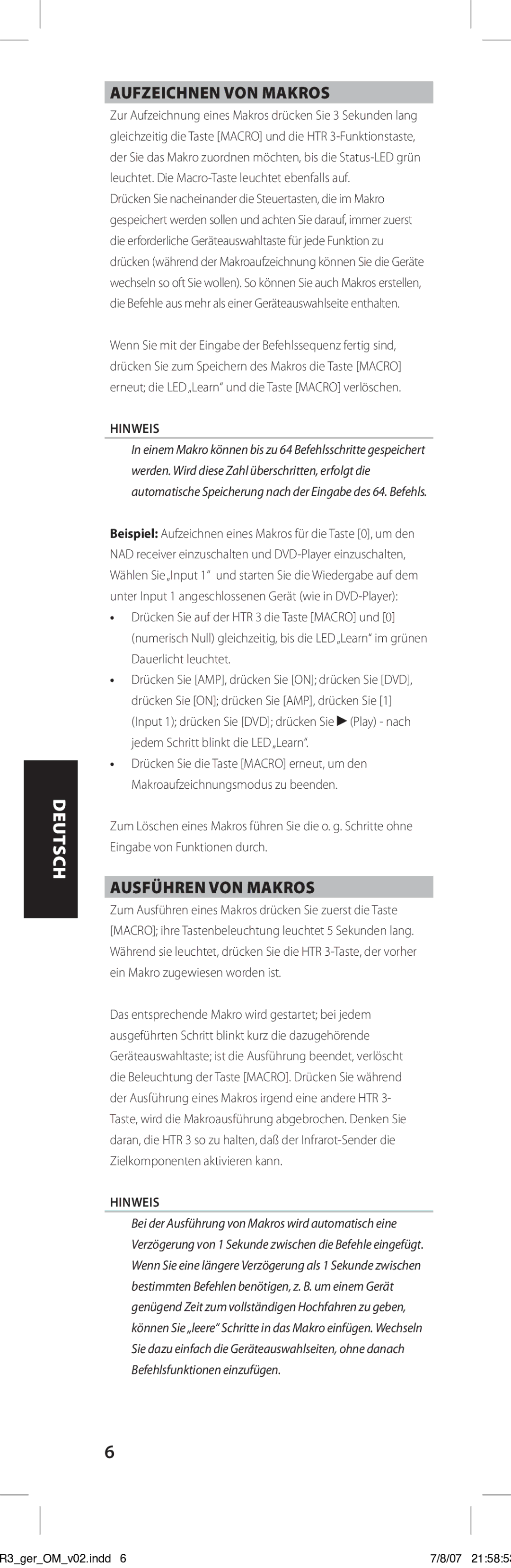 NAD HTR-3 owner manual Aufzeichnen von Makros, Ausführen von Makros 