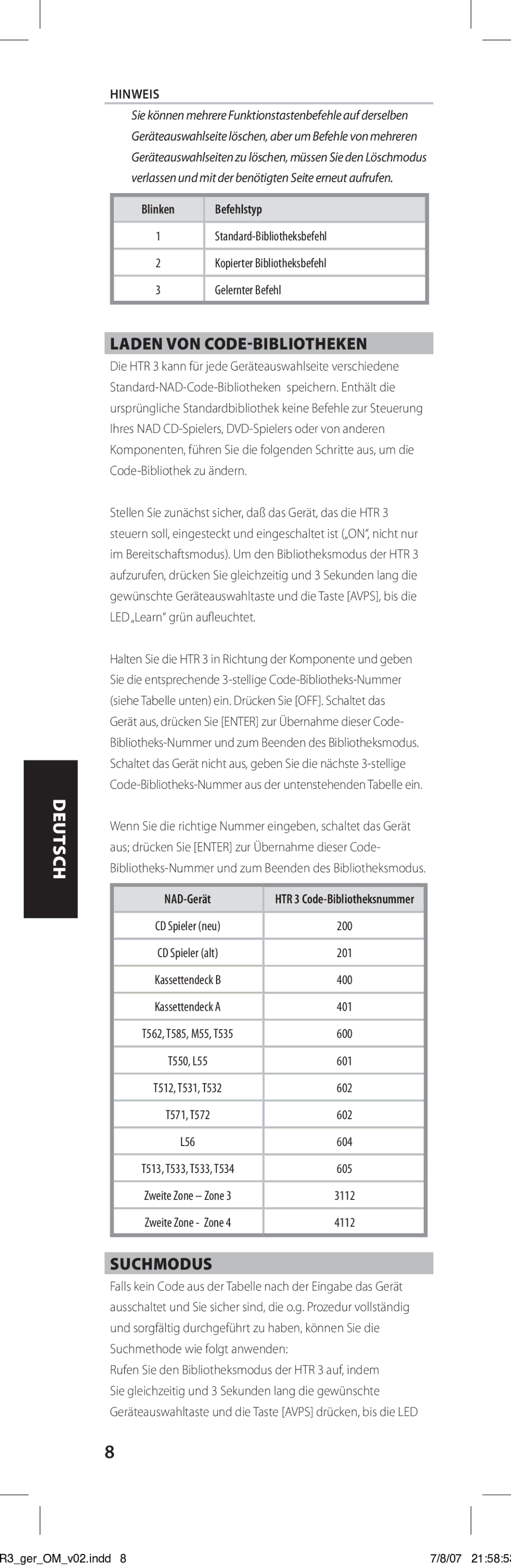 NAD HTR-3 owner manual Laden von Code-Bibliotheken, Suchmodus, Blinken, NAD-Gerät, Befehlstyp 