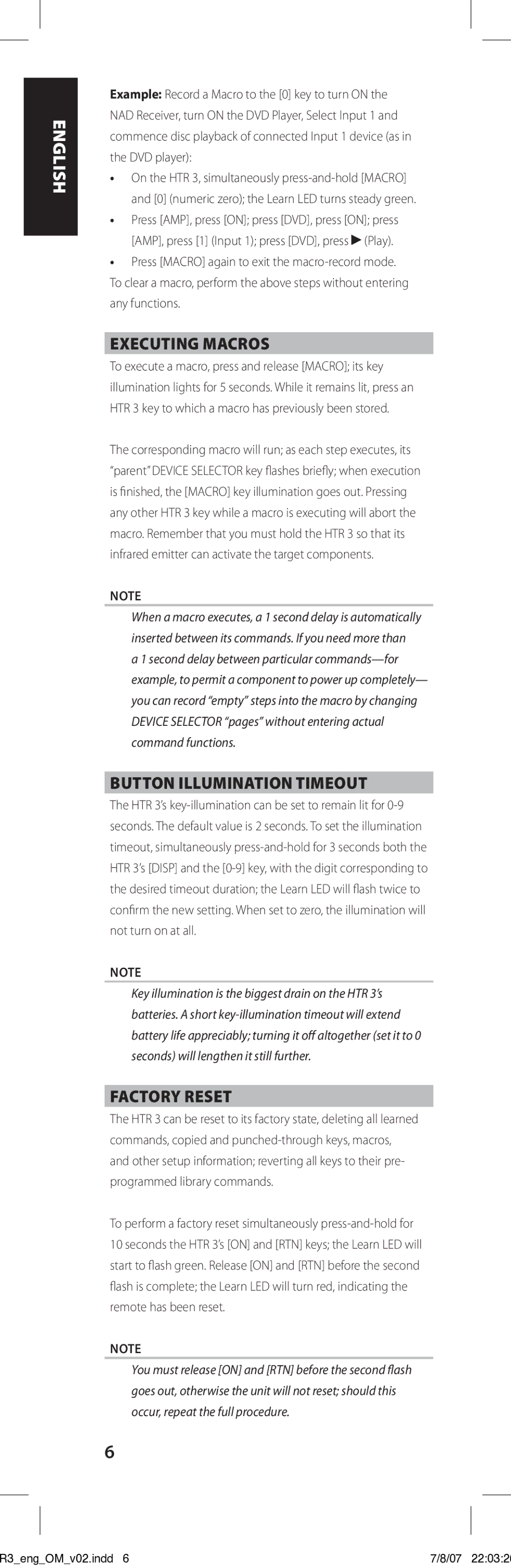 NAD HTR-3 owner manual Executing Macros, Button Illumination Timeout, Factory Reset 