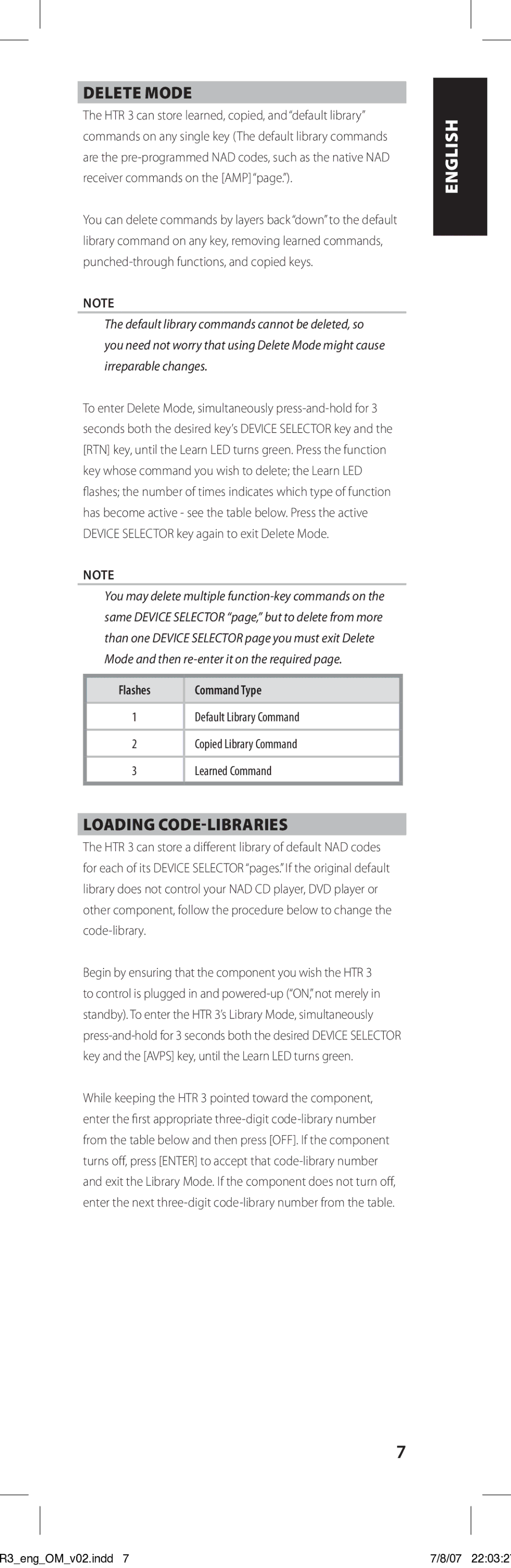 NAD HTR-3 owner manual Delete Mode, Loading CODE-LIBRARIES, Flashes, Command Type 