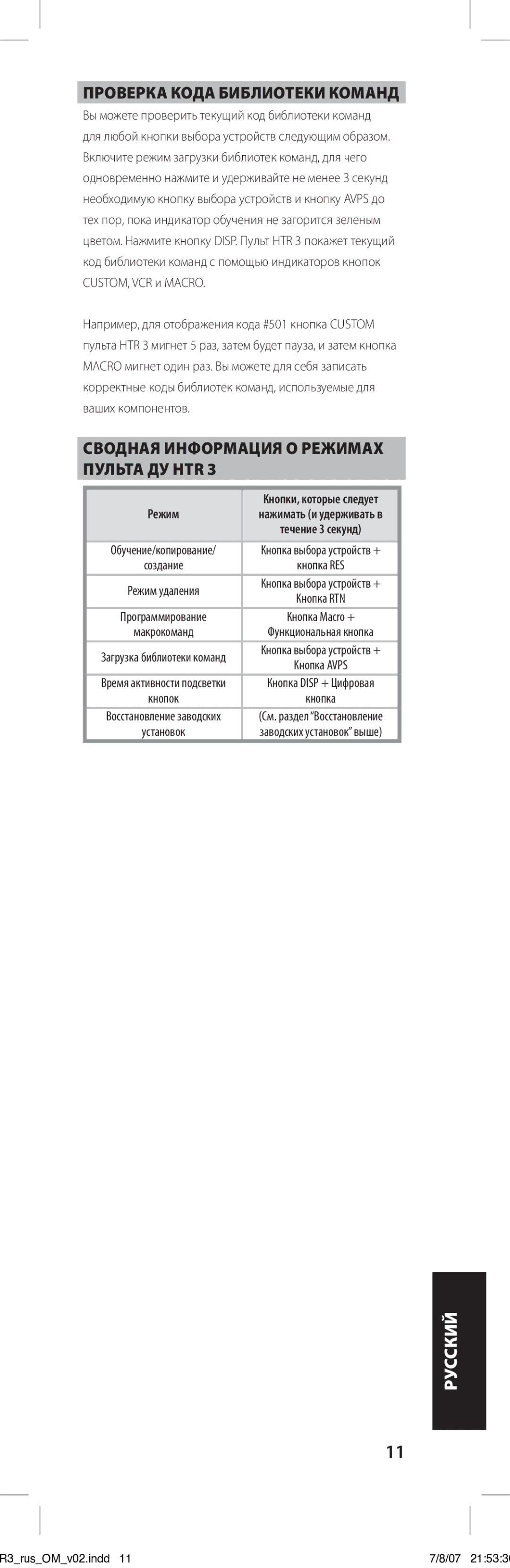 NAD HTR-3 owner manual Проверка кода библиотеки команд, Сводная информация о режимах пульта ДУ HTR 