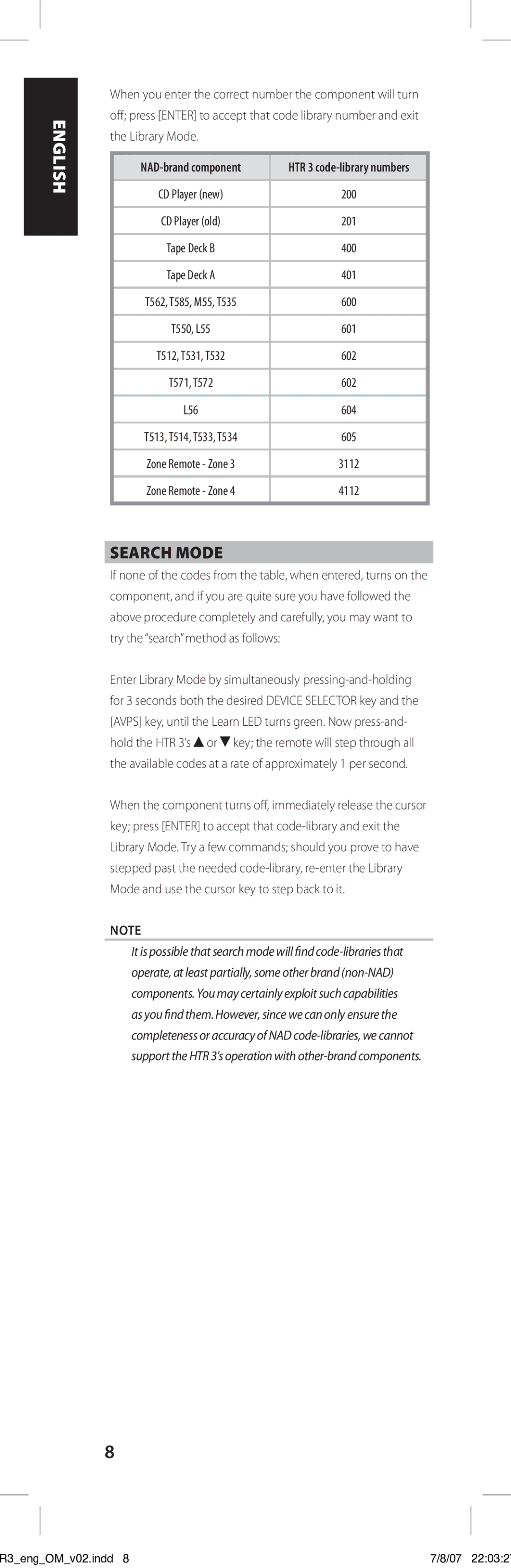 NAD HTR-3 owner manual Search Mode, NAD-brand component 