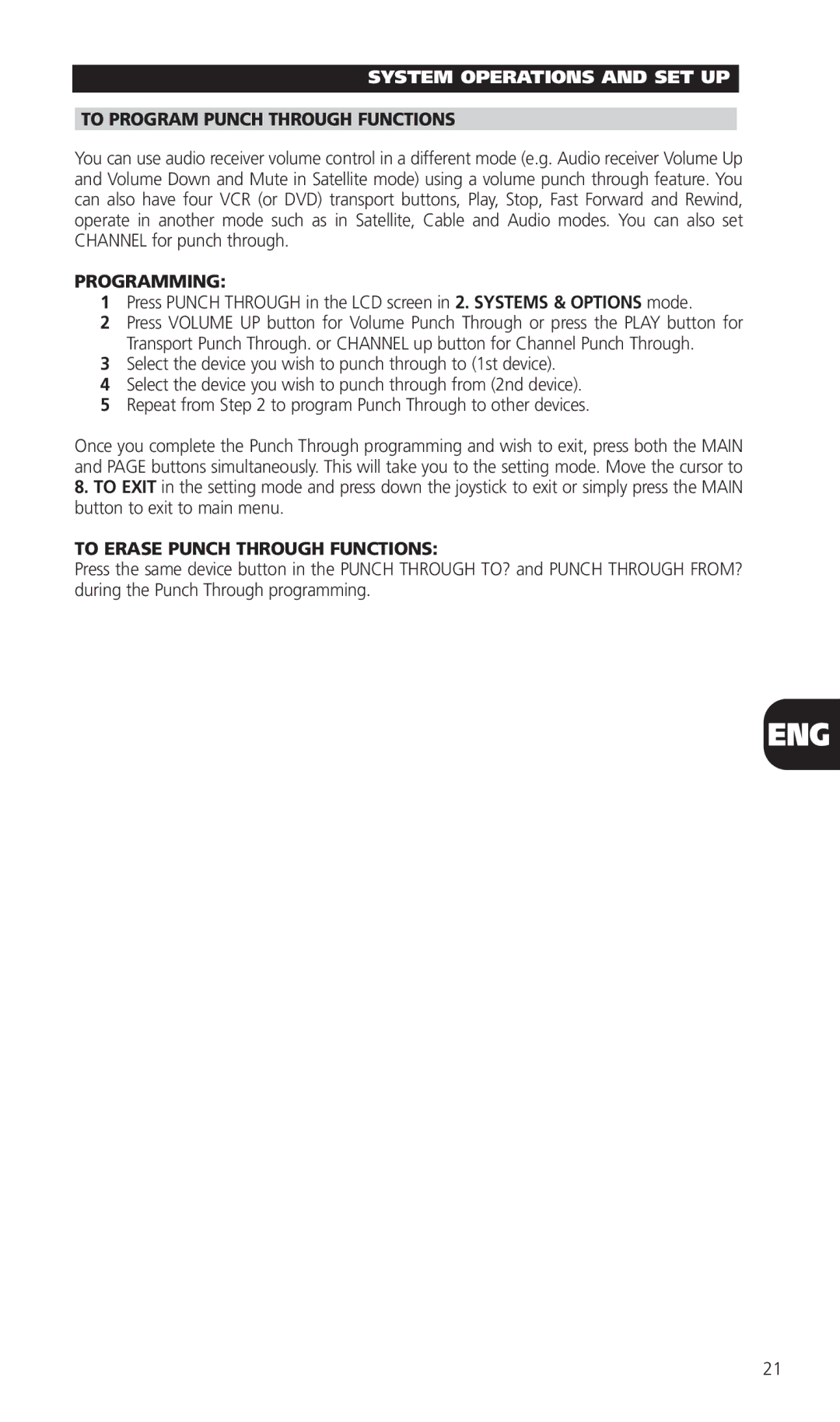 NAD HTR-5 manual To Program Punch Through Functions, Programming, To Erase Punch Through Functions 