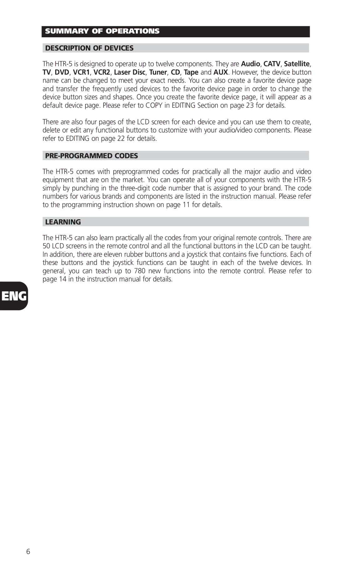 NAD HTR-5 manual Summary of Operations, Description of Devices, PRE-PROGRAMMED Codes Learning 