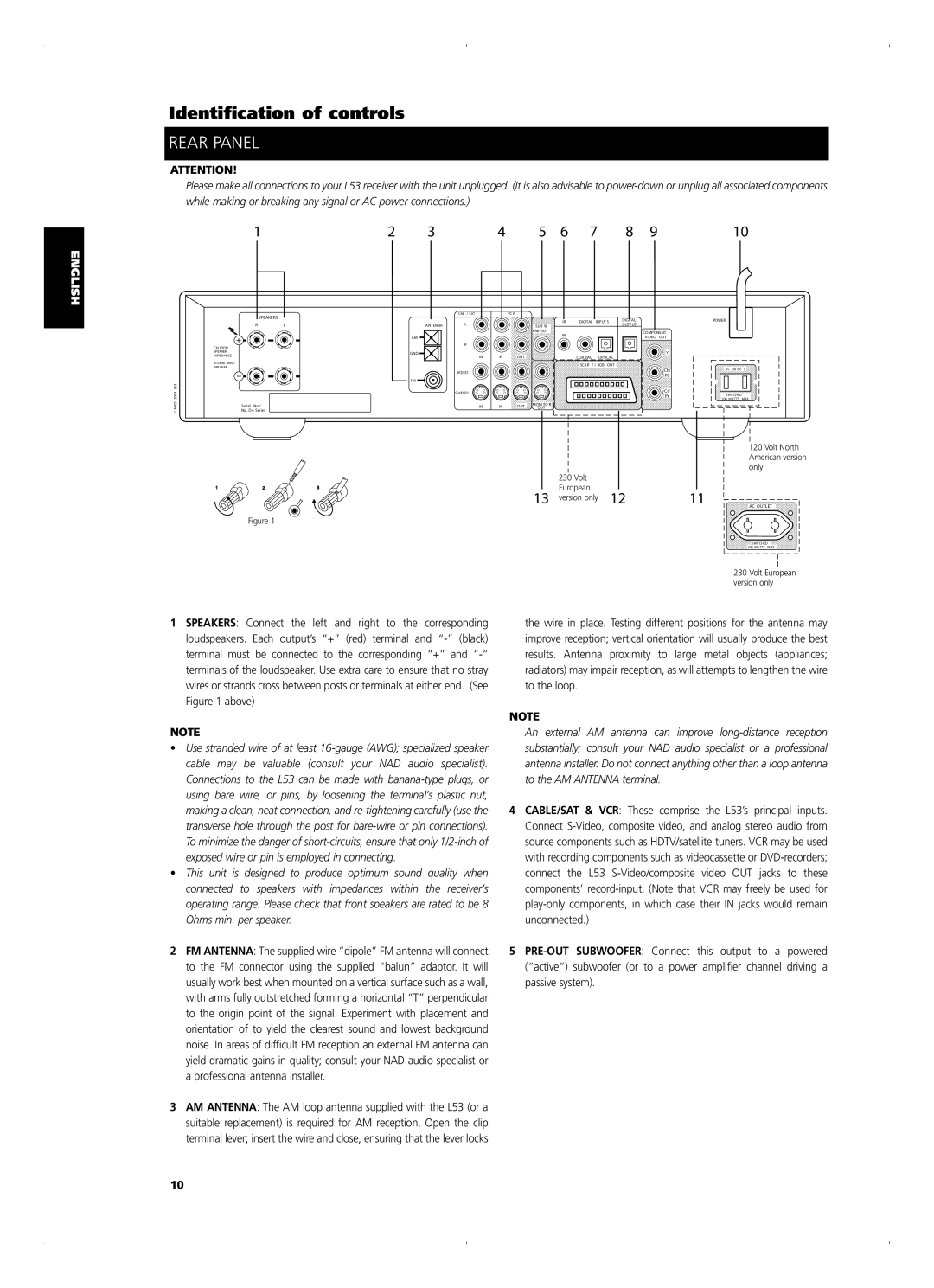 NAD L 53 owner manual Rear Panel, Español Italiano Português Svenska 