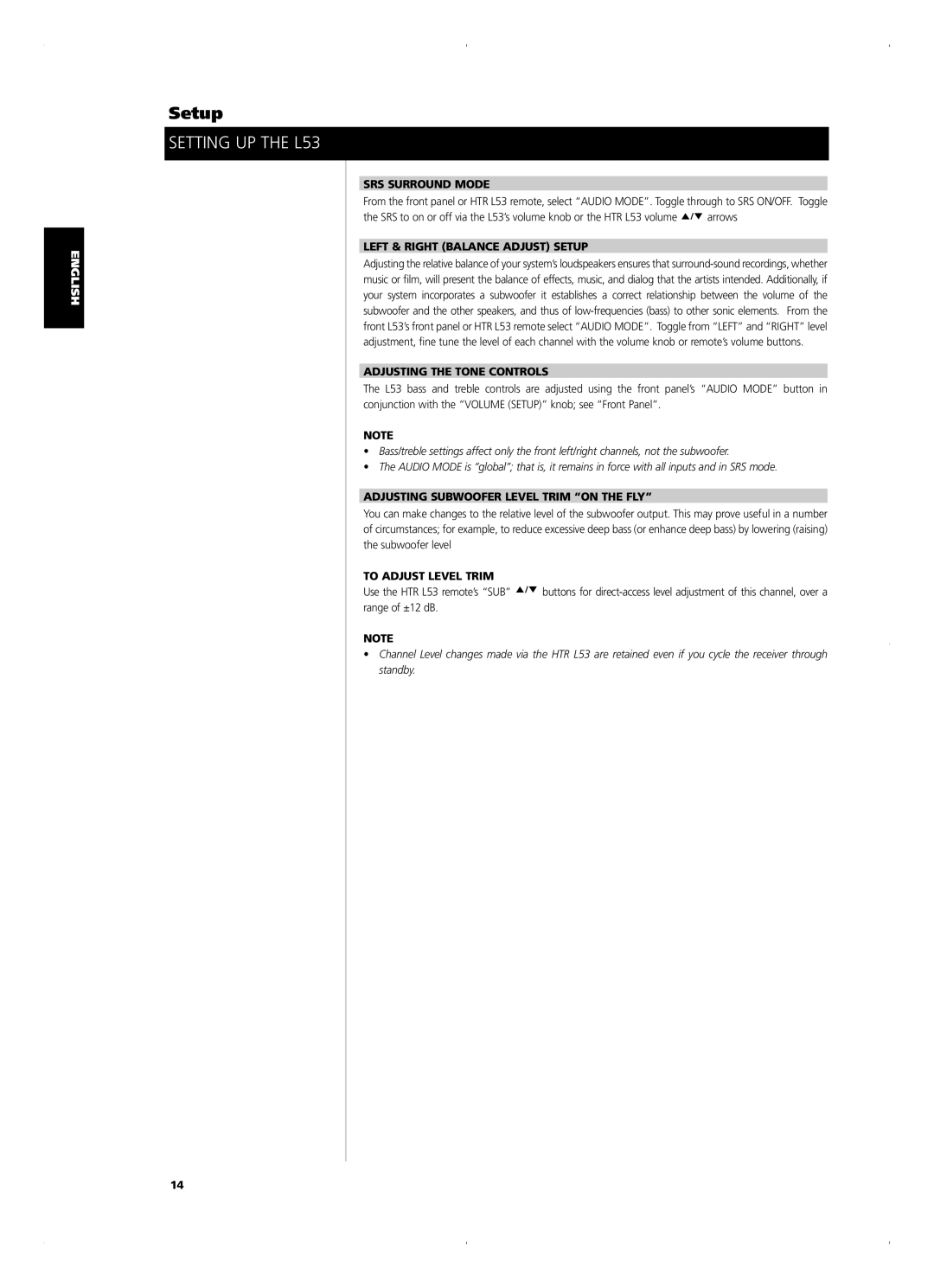 NAD L 53 SRS Surround Mode, Left & Right Balance Adjust Setup, Adjusting the Tone Controls, To Adjust Level Trim 