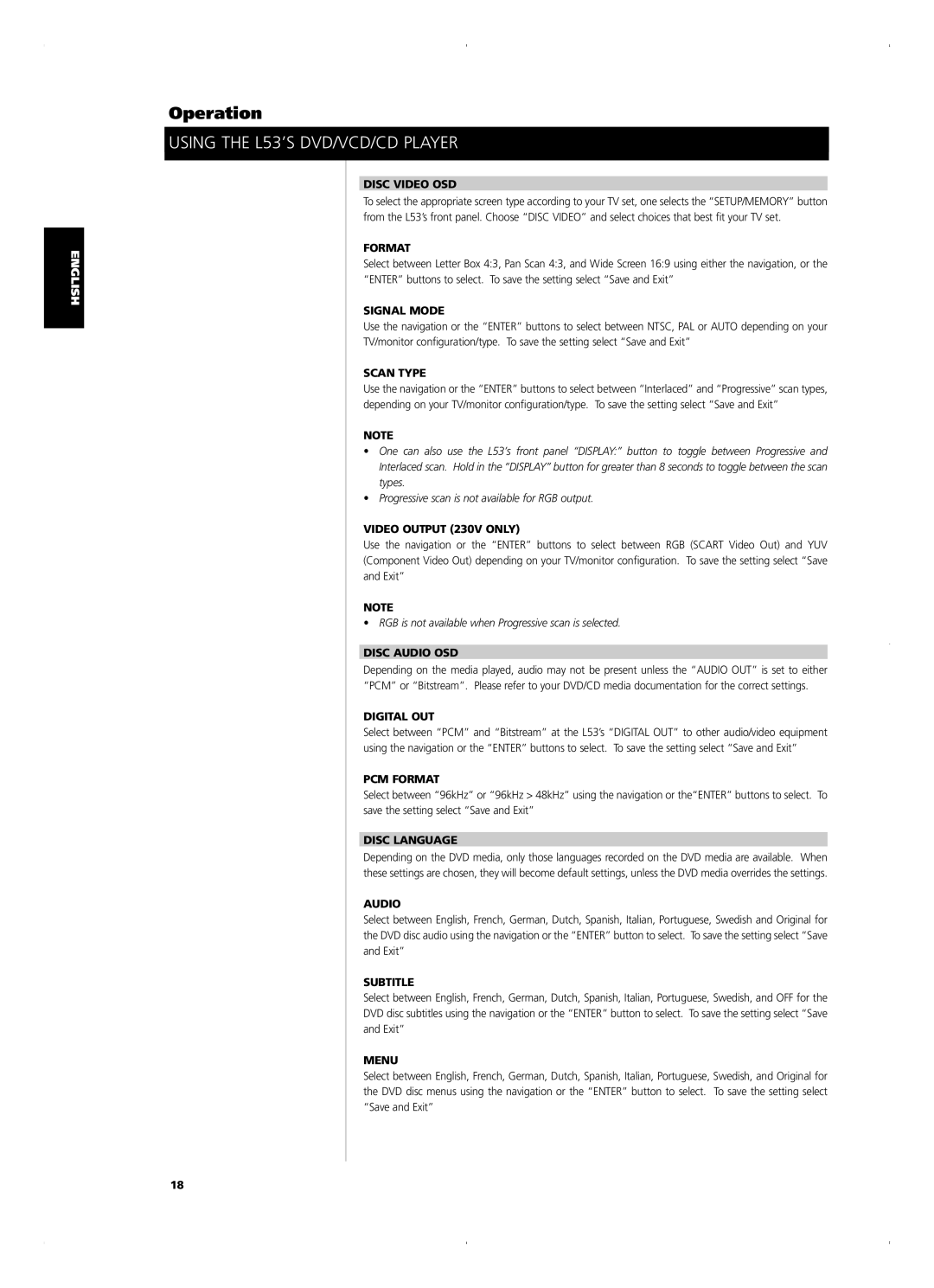 NAD L 53 Disc Video OSD, Signal Mode, Scan Type, Video Output 230V only, Disc Audio OSD, Digital OUT, PCM Format, Menu 