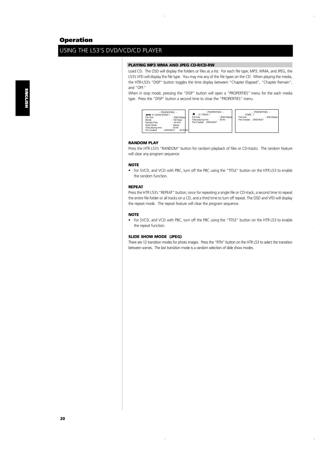 NAD L 53 owner manual Playing MP3 WMA and Jpeg CD-R/CD-RW, Random Play, Repeat, Slide Show Mode Jpeg 