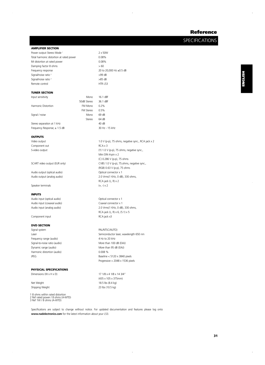 NAD L 53 owner manual Specifications, Amplifier Section 