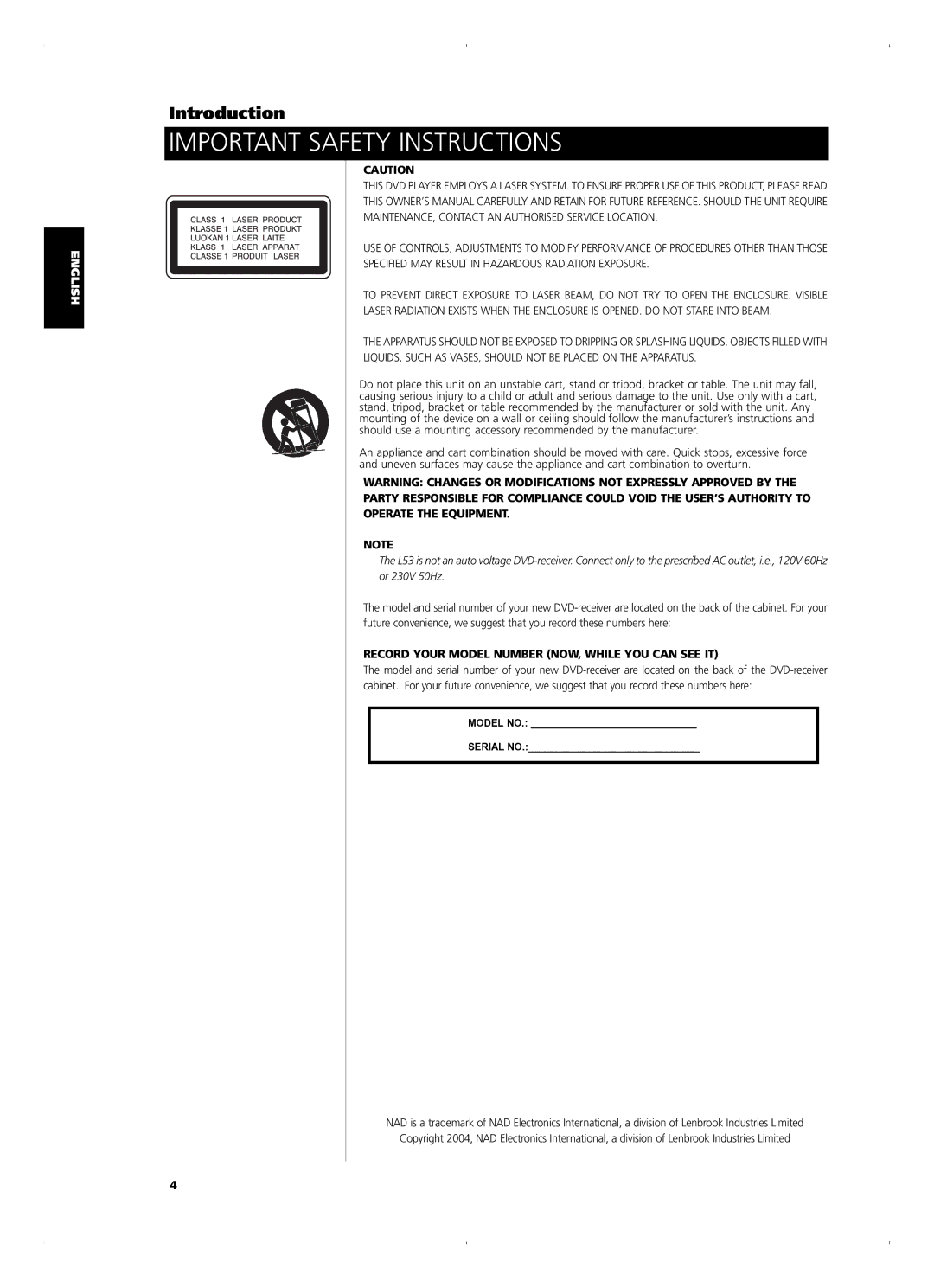 NAD L 53 owner manual Record Your Model Number NOW, While YOU can see IT 