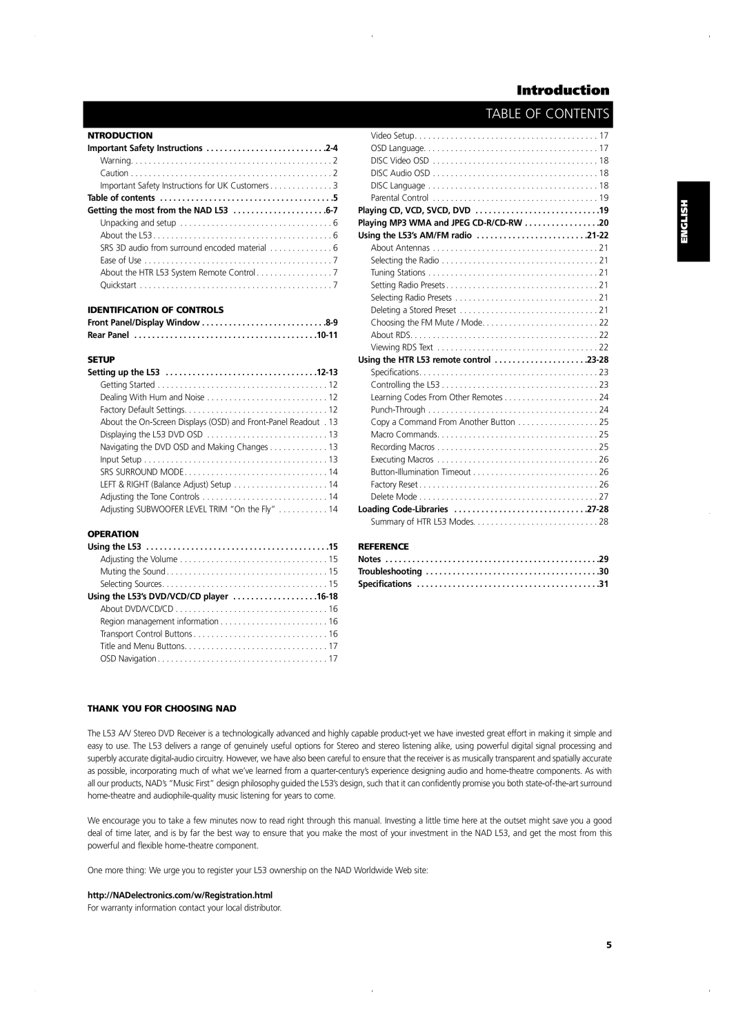 NAD L 53 owner manual Table of Contents 