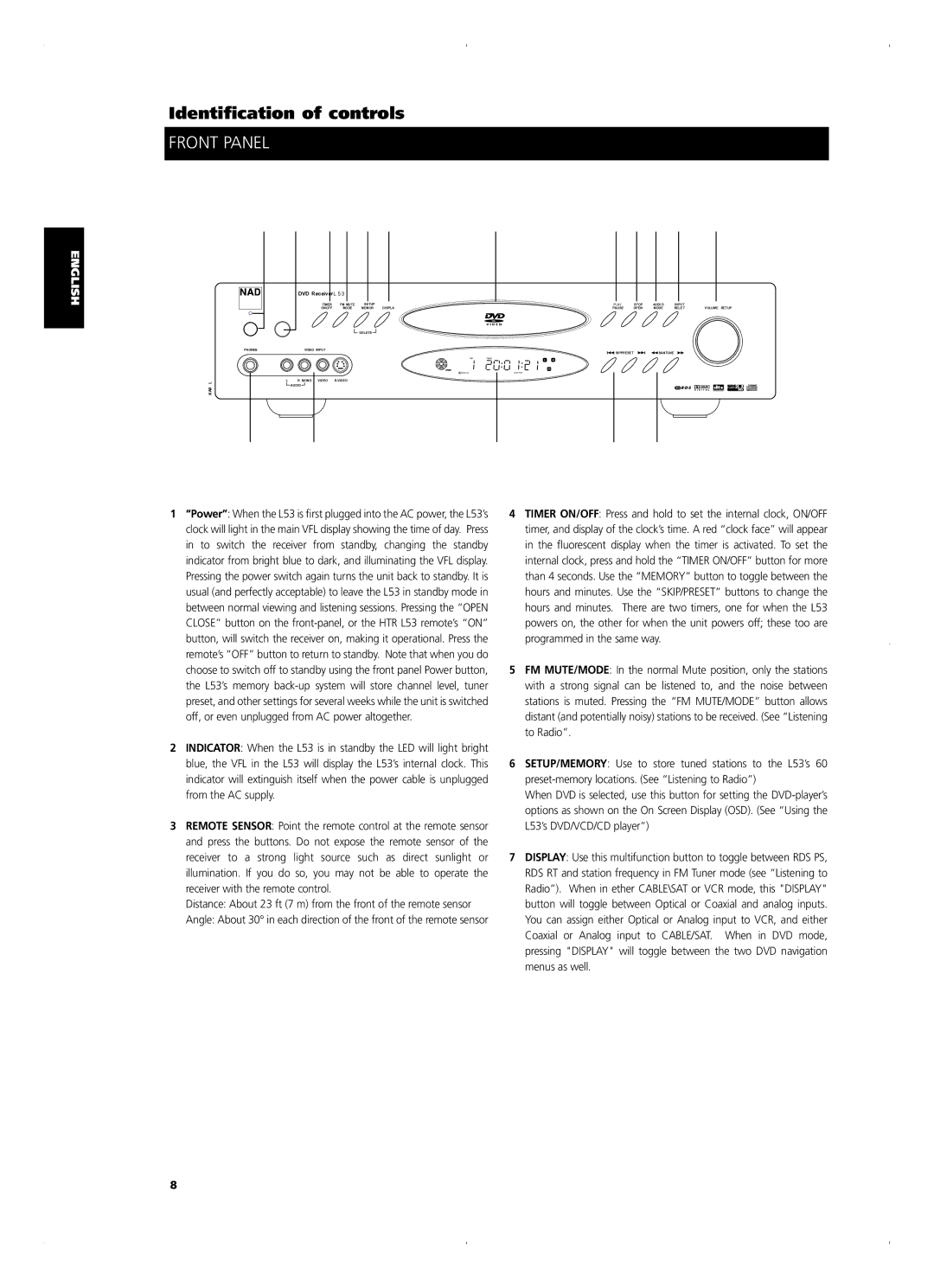 NAD L 53 owner manual Identification of controls, Front Panel 