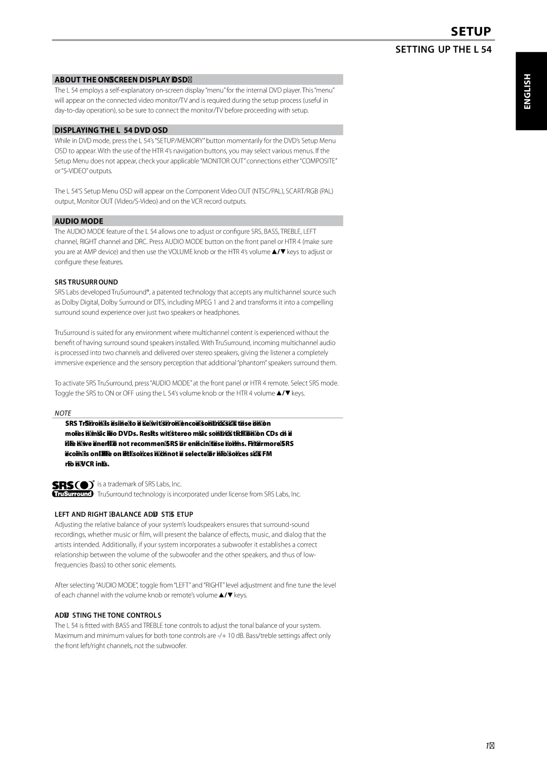 NAD owner manual About the ON-SCREEN Display OSD, Displaying the L 54 DVD OSD, Audio Mode, Adjusting the Tone Controls 