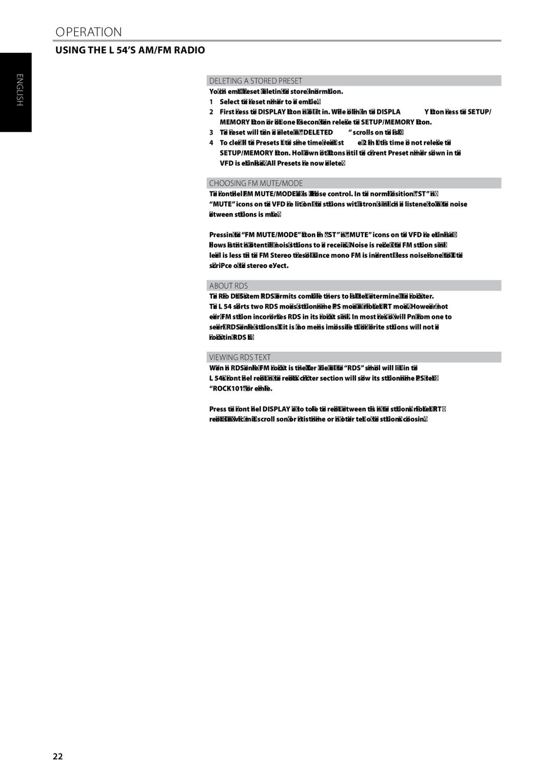 NAD L 54 owner manual Deleting a Stored Preset, Choosing FM MUTE/MODE, About RDS, Viewing RDS Text 