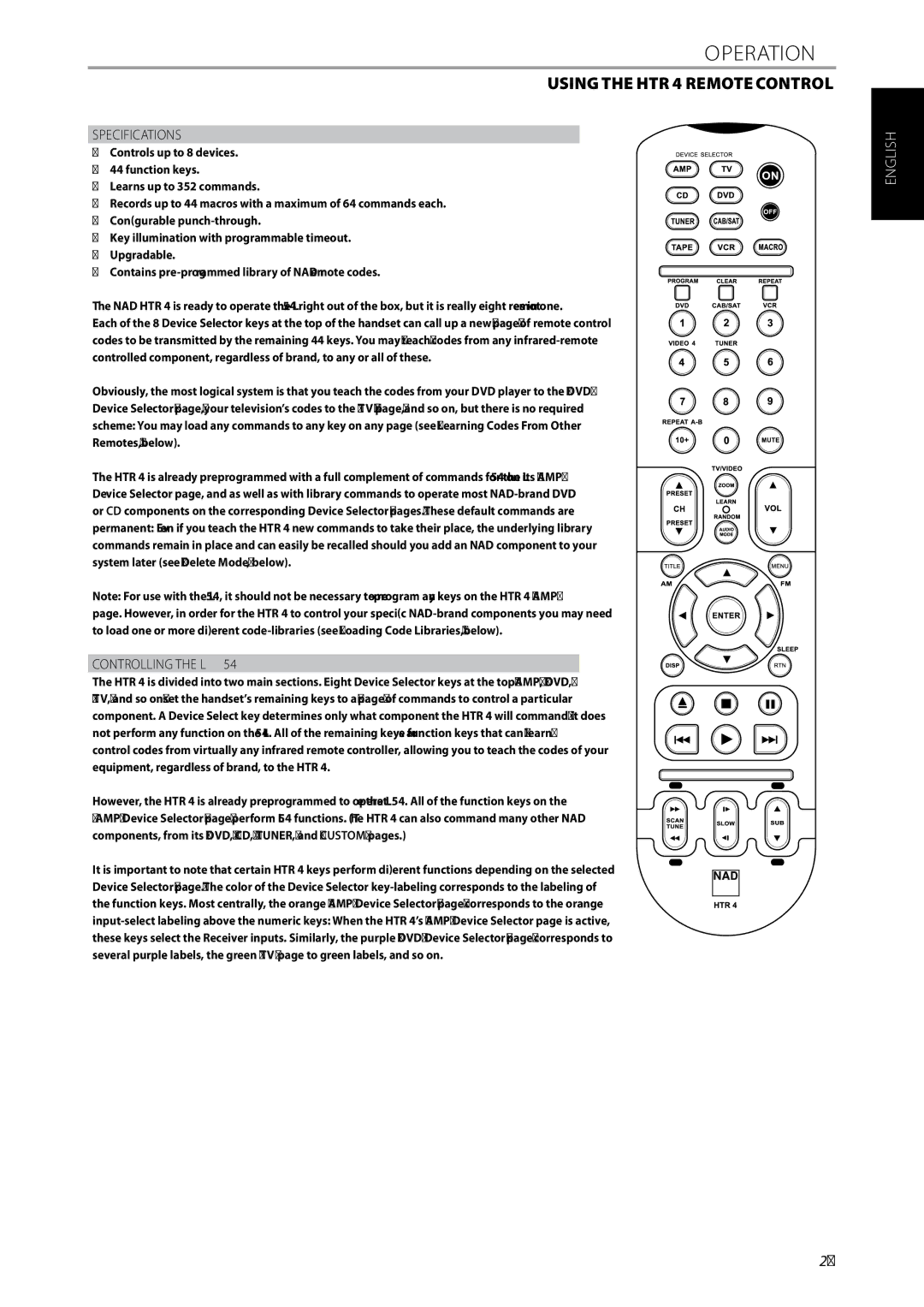 NAD L 54 owner manual Using the HTR 4 Remote Control, Specifications, Controlling the L 