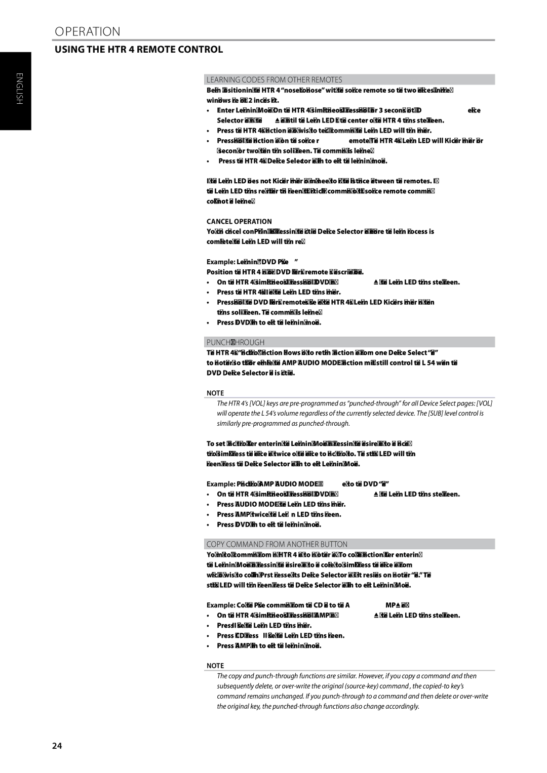 NAD L 54 owner manual Learning Codes from Other Remotes, Punch-Through, Copy Command from Another Button, Cancel Operation 