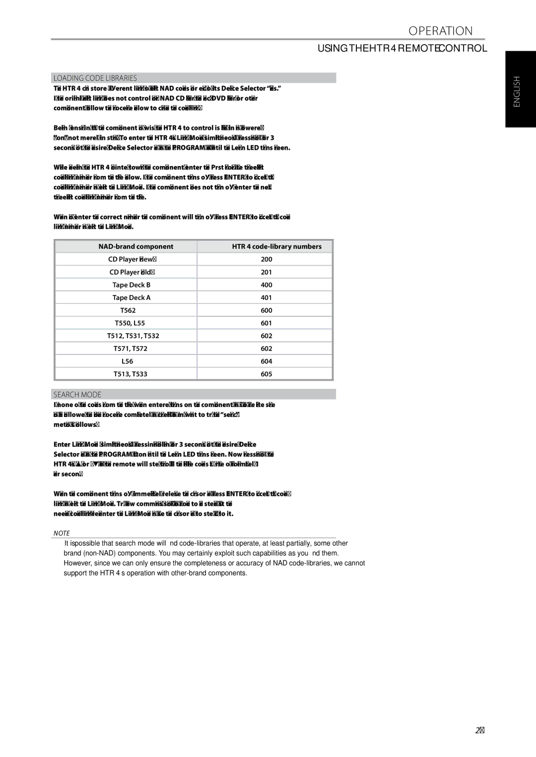 NAD L 54 owner manual Loading Code Libraries, Search Mode, NAD-brand component 