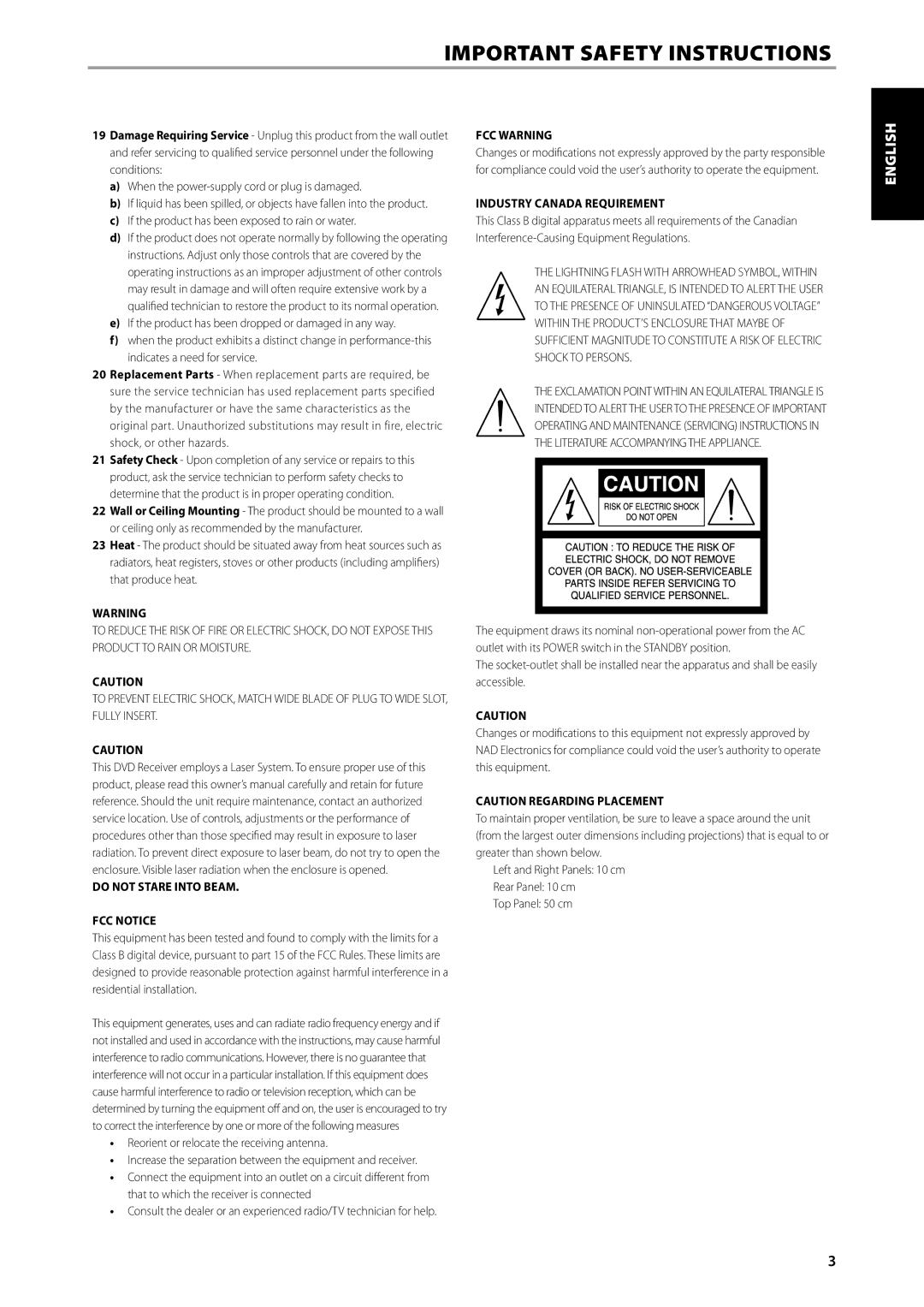 NAD L 54 owner manual If the product has been exposed to rain or water, Do not STARe Into Beam, FCC Notice, FCC WARNIng 