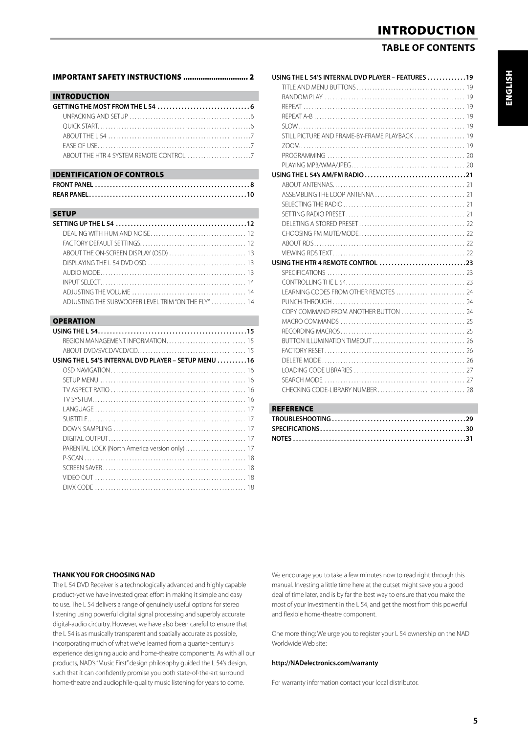 NAD L 54 owner manual Introduction, Table of Contents 