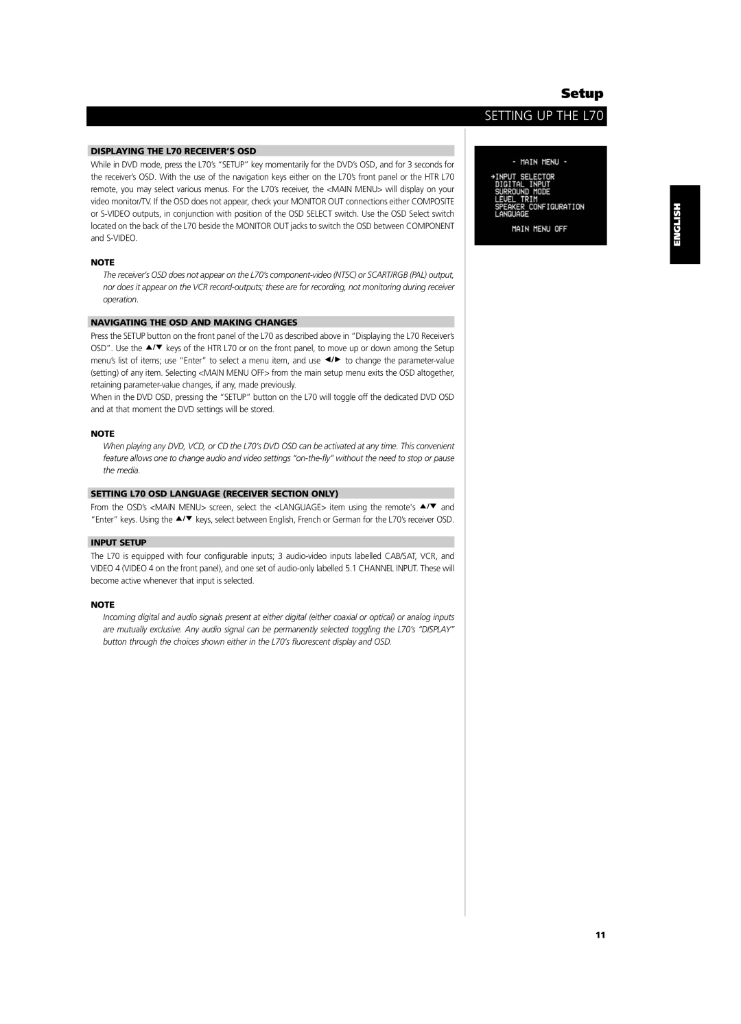 NAD L 70 owner manual Displaying the L70 RECEIVER’S OSD, Navigating the OSD and Making Changes, Input Setup 