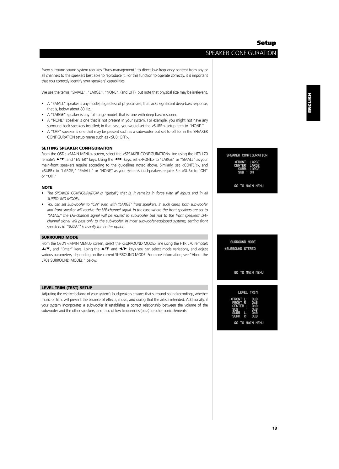 NAD L 70 owner manual Setting Speaker Configuration, Surround Mode, Level Trim Test Setup 