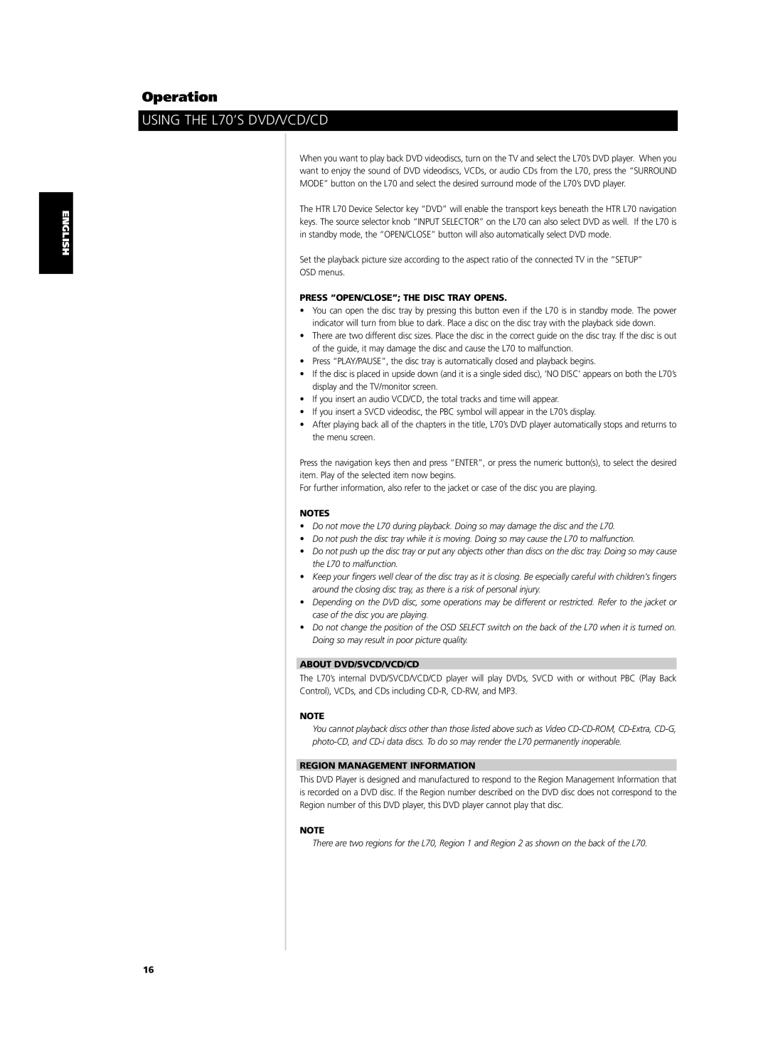 NAD L 70 owner manual Using the L70’S DVD/VCD/CD, Press OPEN/CLOSE the Disc Tray Opens, About DVD/SVCD/VCD/CD 