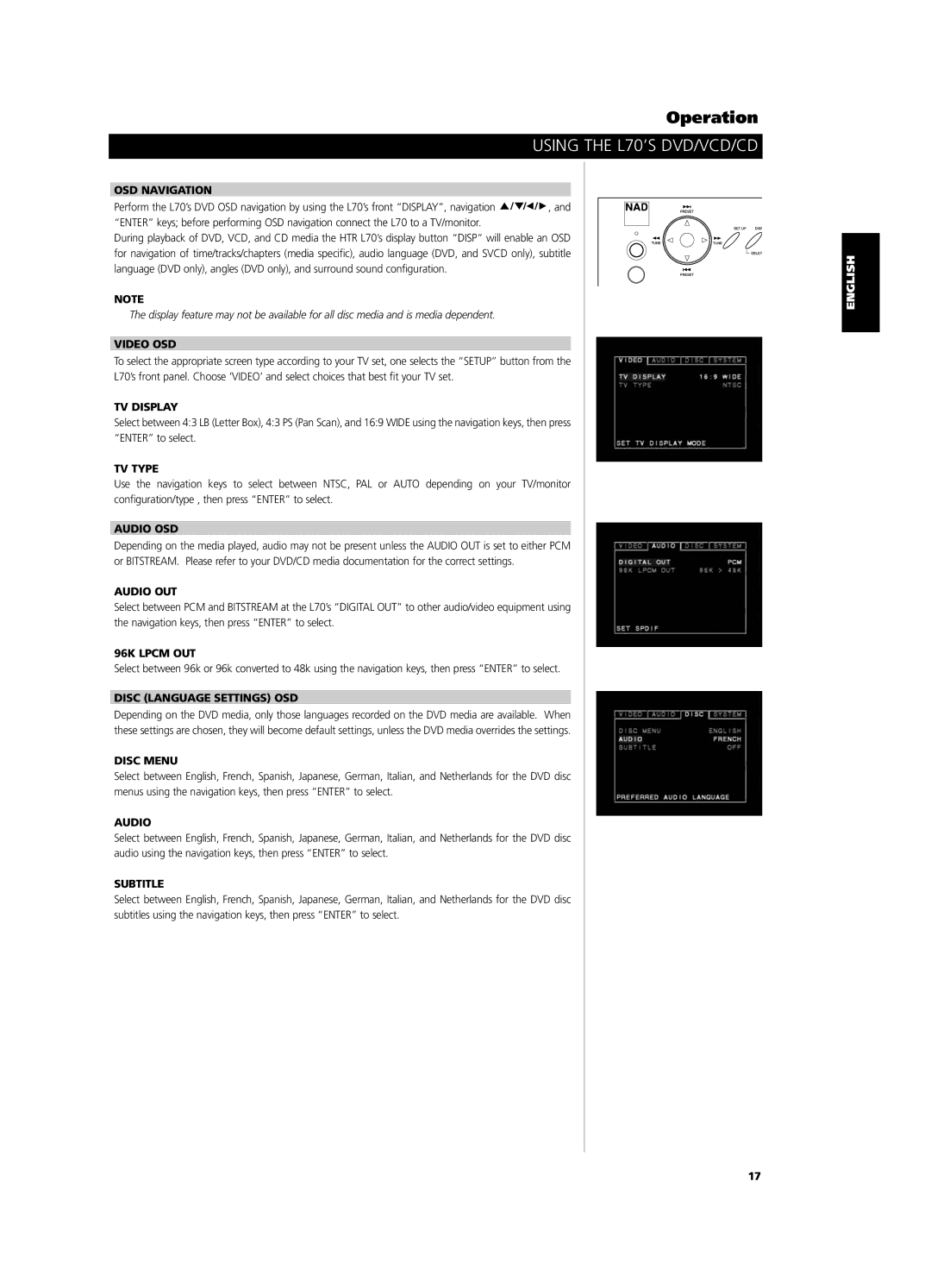 NAD L 70 OSD Navigation, Video OSD, TV Display, TV Type, Audio OSD, Audio OUT, 96K Lpcm OUT, Disc Language Settings OSD 