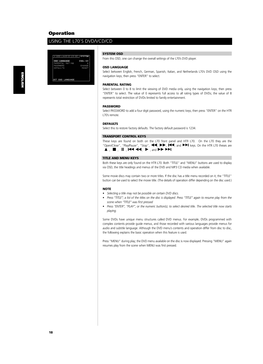 NAD L 70 System OSD, OSD Language, Parental Rating, Password, Defaults, Transport Control Keys, Title and Menu Keys 