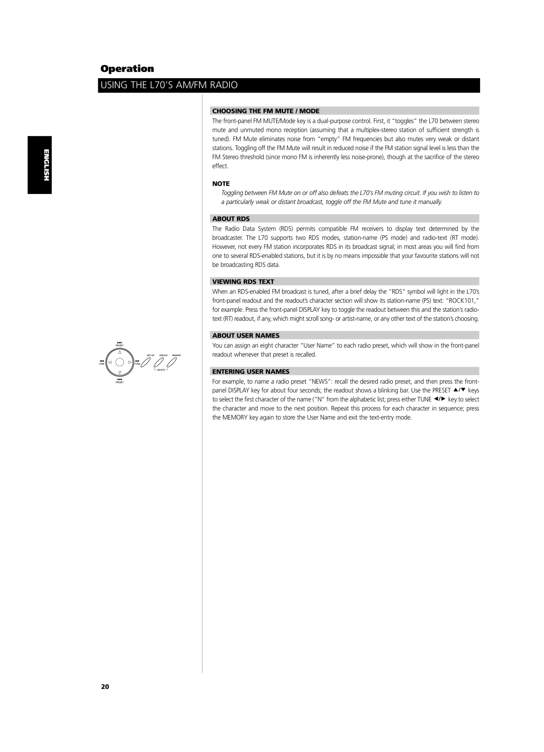 NAD L 70 owner manual Choosing the FM Mute / Mode, About RDS, Viewing RDS Text, About User Names, Entering User Names 